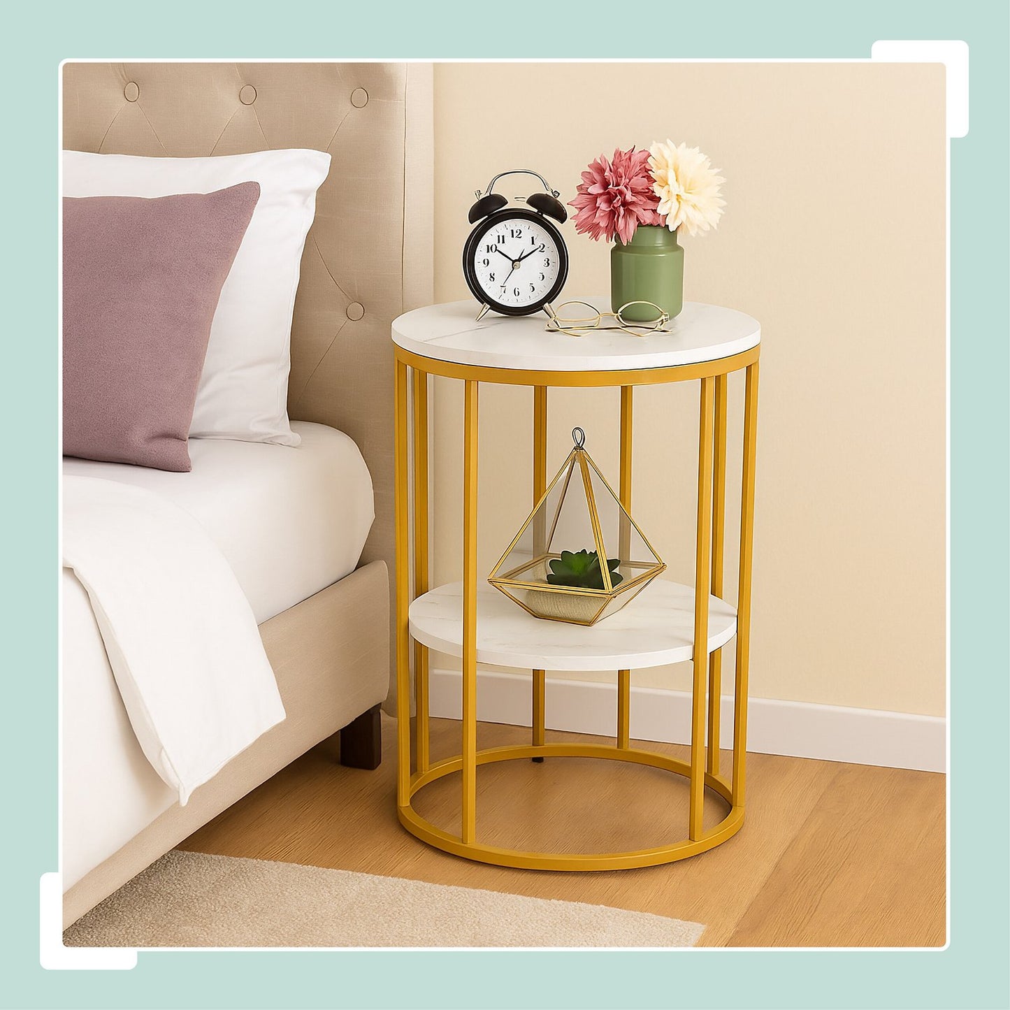 Round Marble Look Side Table with 2 Levels