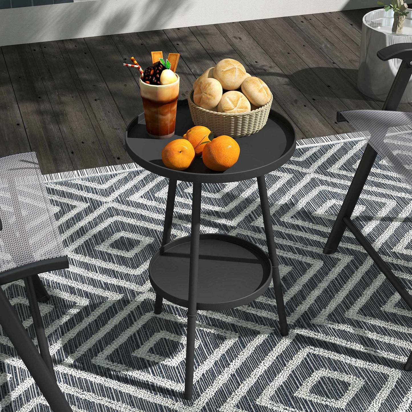 Round Metal Balcony Table, Two-Tier Design, Black