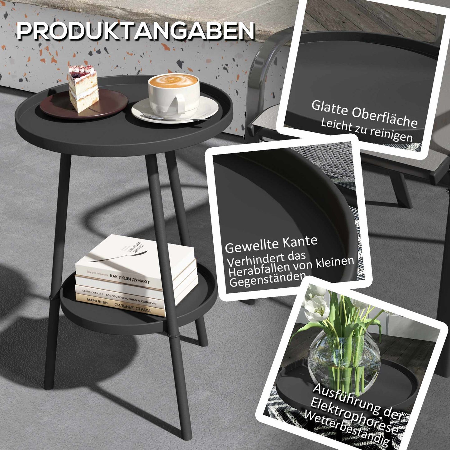 Round Metal Balcony Table, Two-Tier Design, Black
