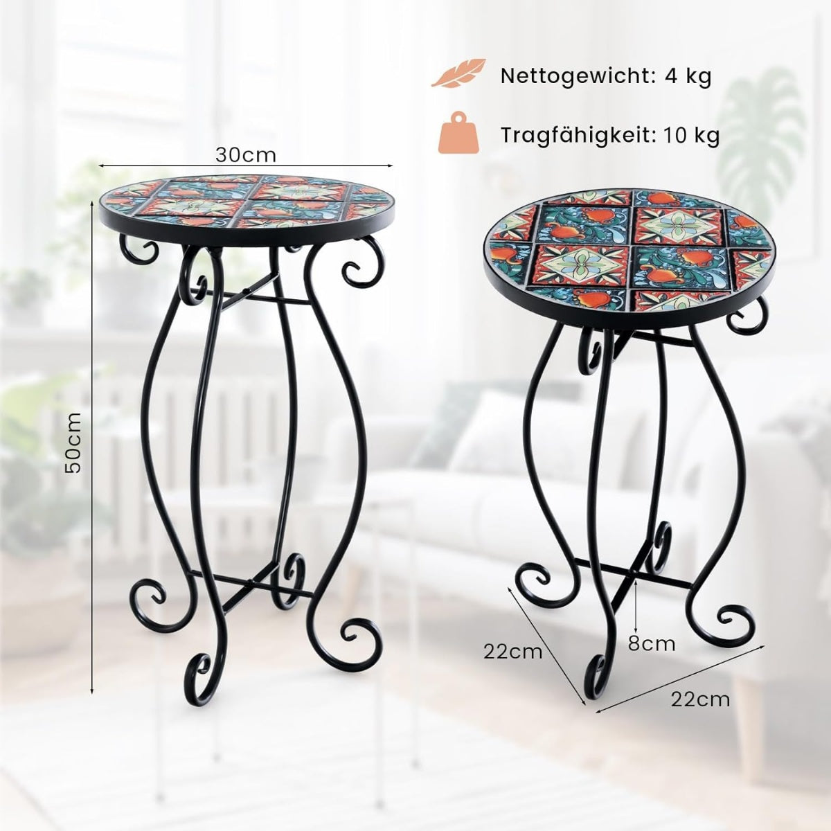 Round Mosaic Side Table – 30x50 cm, Indoor/Outdoor