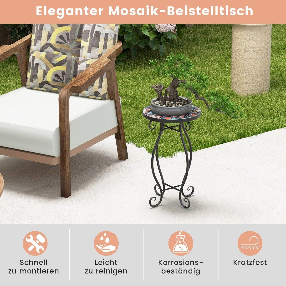 Round Mosaic Side Table – 30x50 cm, Indoor/Outdoor
