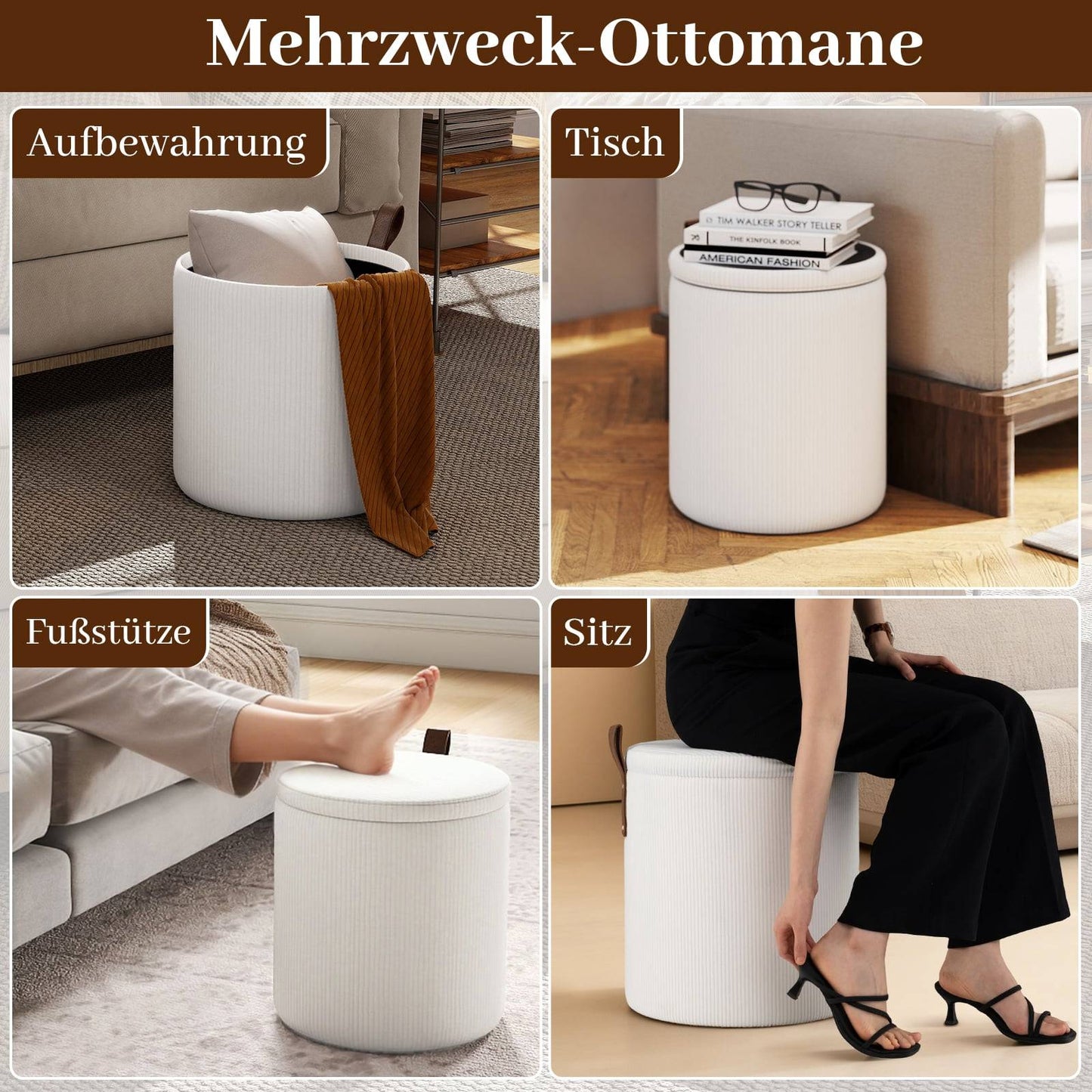 Round Ottoman Set with Storage, Corduroy, Nesting, White