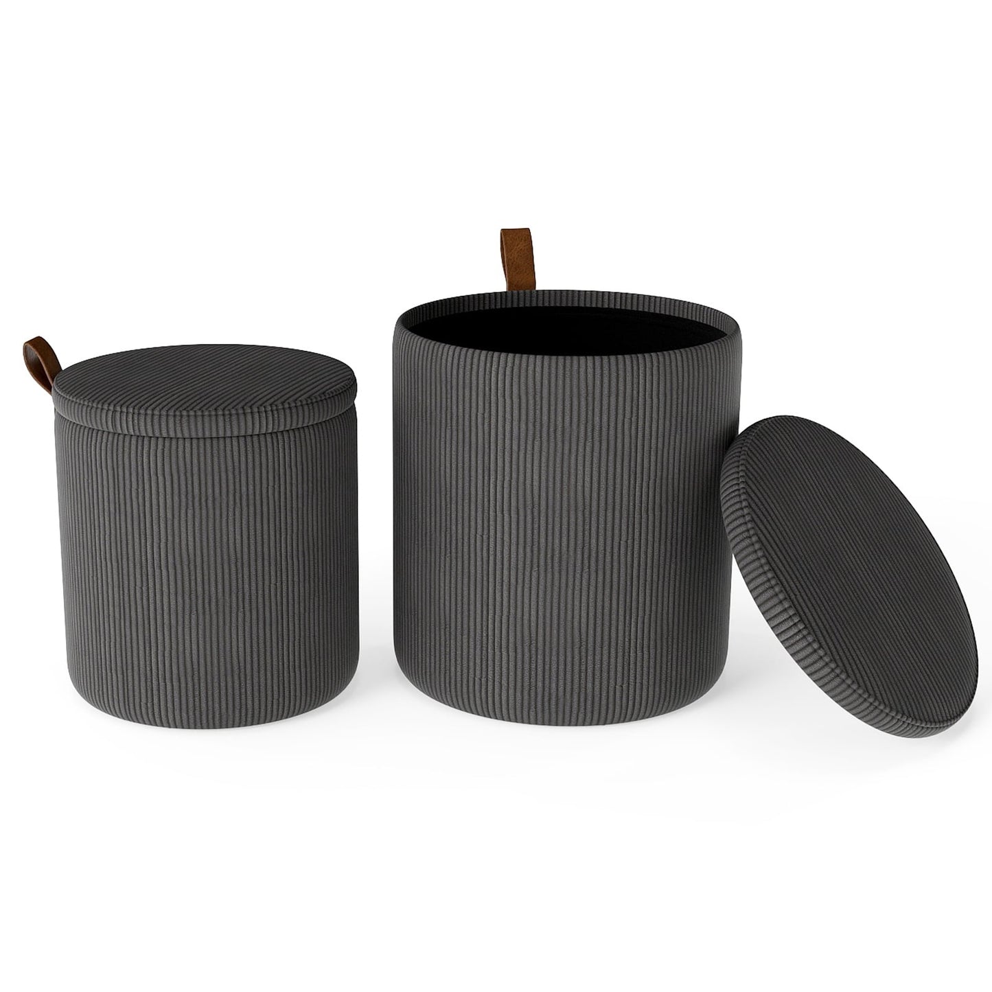 Round Ottoman Set with Storage, Nesting, Corduroy, Gray