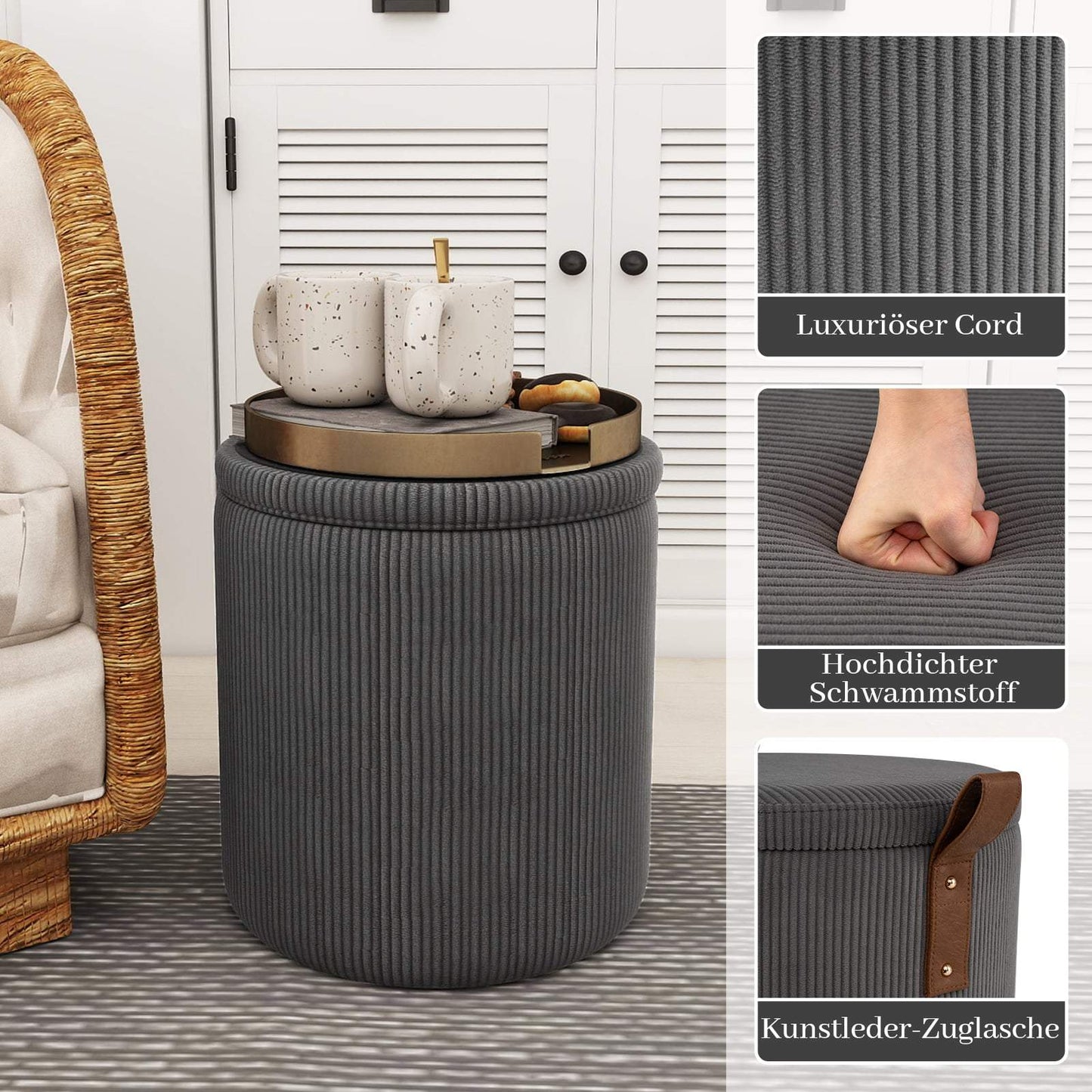 Round Ottoman Set with Storage, Nesting, Corduroy, Gray