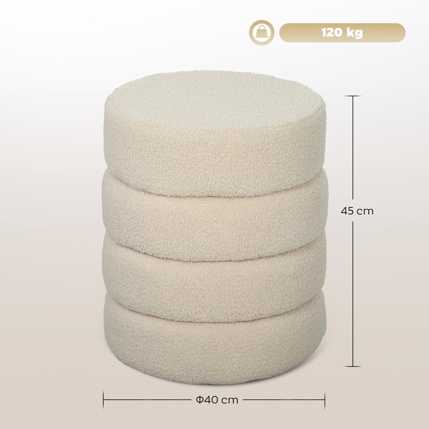Round Ottoman, Teddy Fleece, 120kg Capacity, Beige