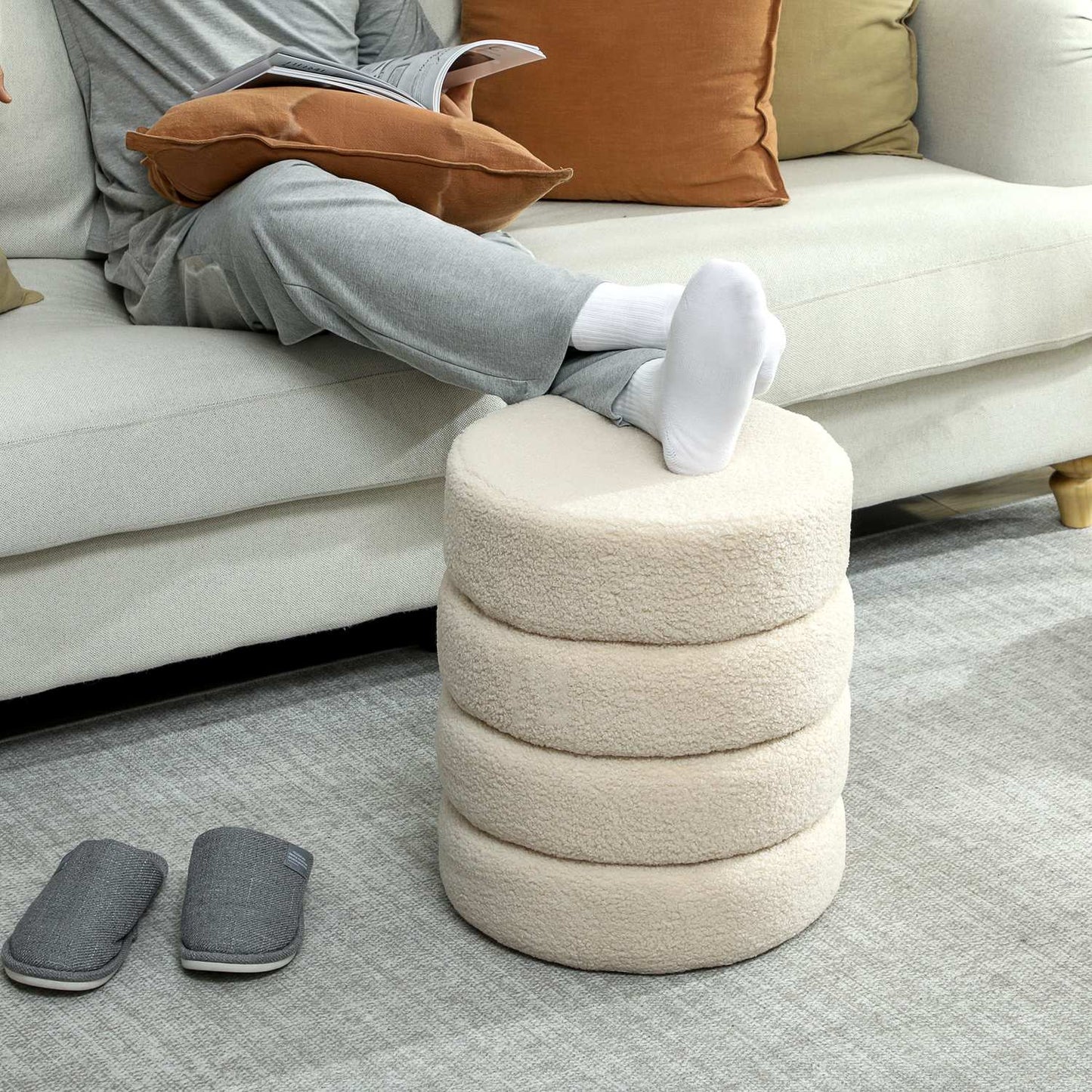 Round Ottoman, Teddy Fleece, 120kg Capacity, Beige