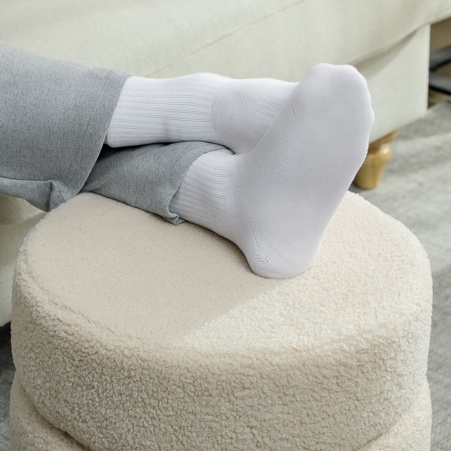 Round Ottoman, Teddy Fleece, 120kg Capacity, Beige
