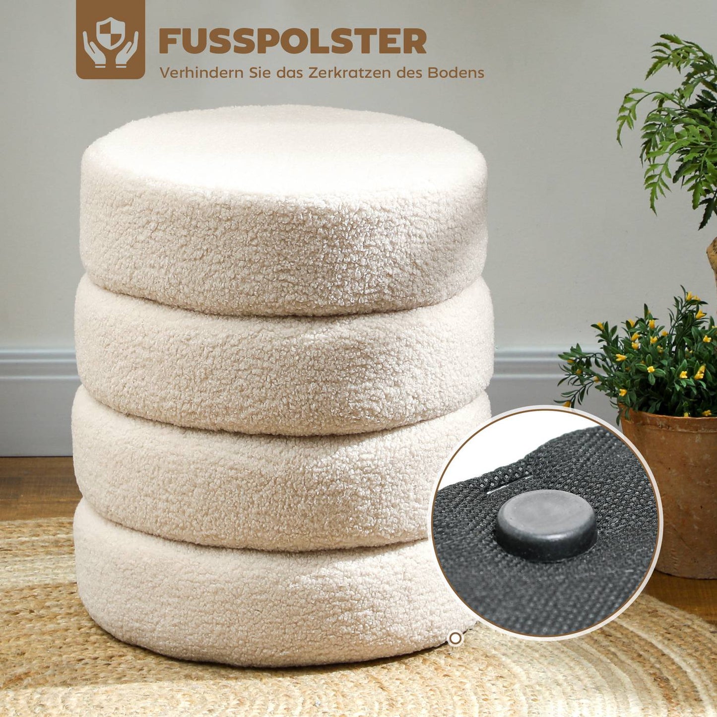 Round Ottoman, Teddy Fleece, 120kg Capacity, Beige