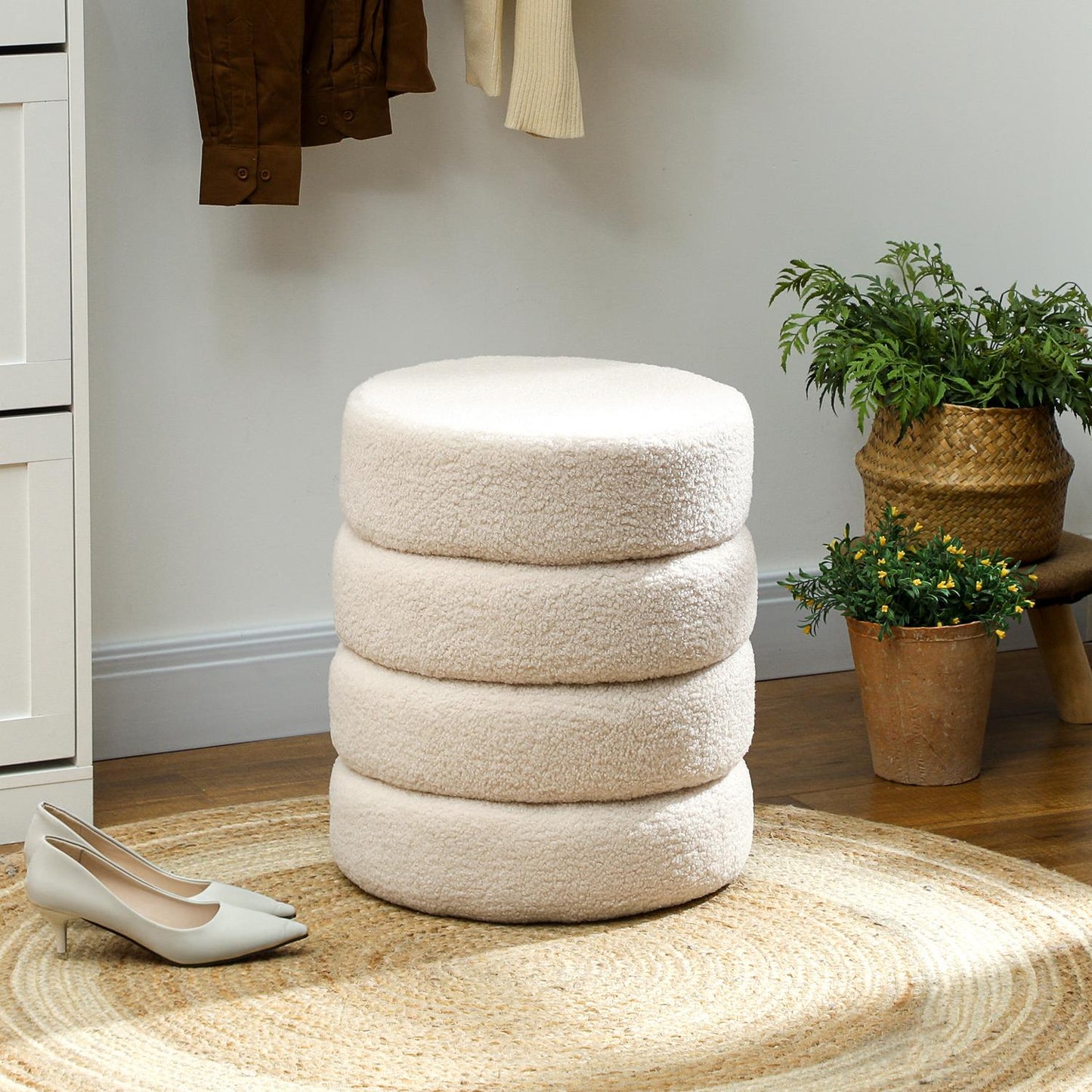 Round Ottoman, Teddy Fleece, 120kg Capacity, Beige