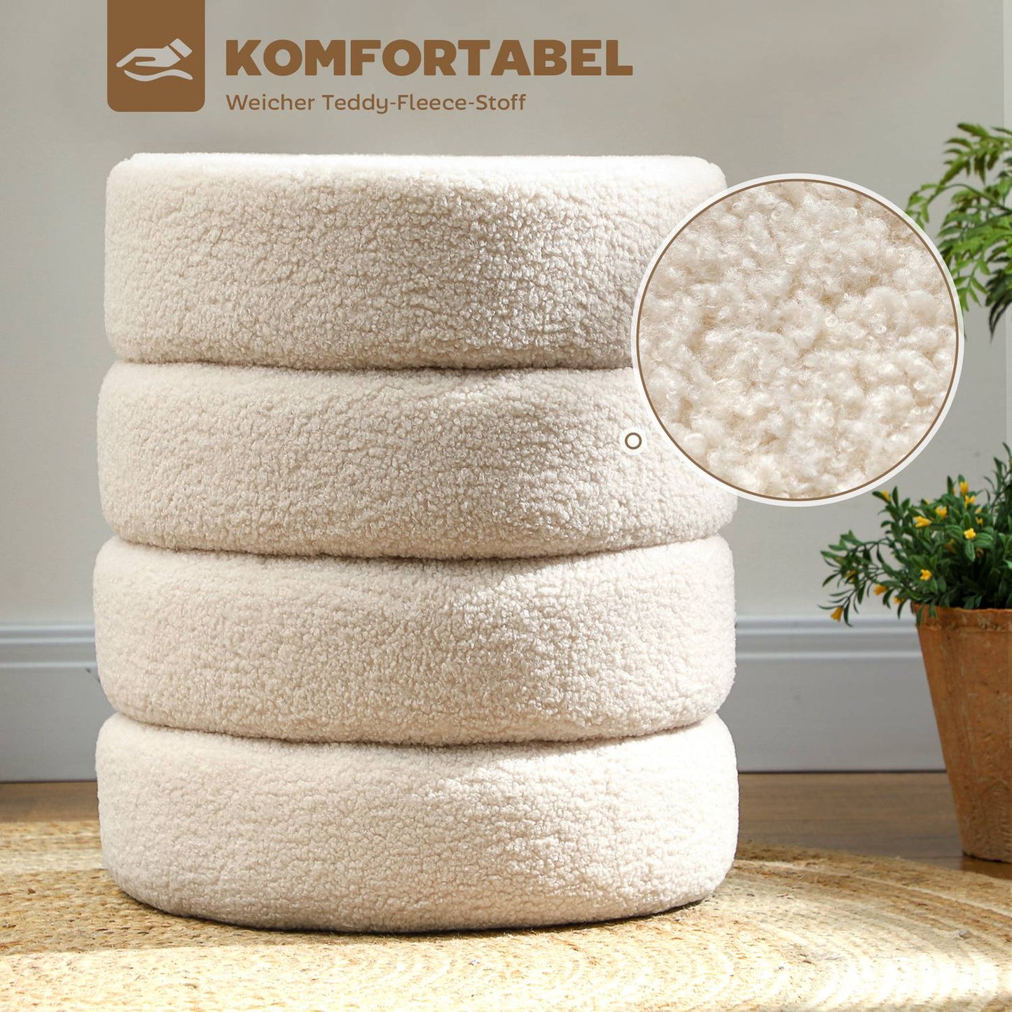 Round Ottoman, Teddy Fleece, 120kg Capacity, Beige