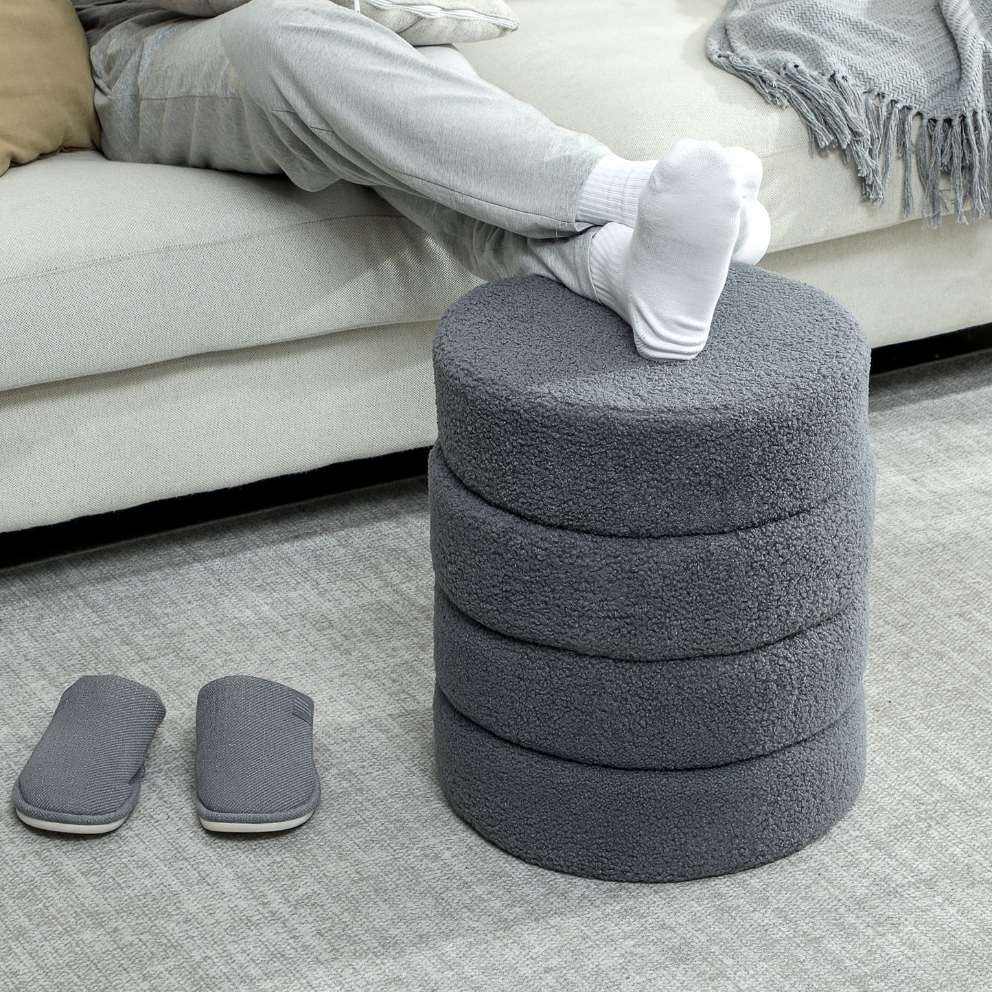 Round Ottoman, Teddy Fleece, Dark Grey, 120kg Capacity