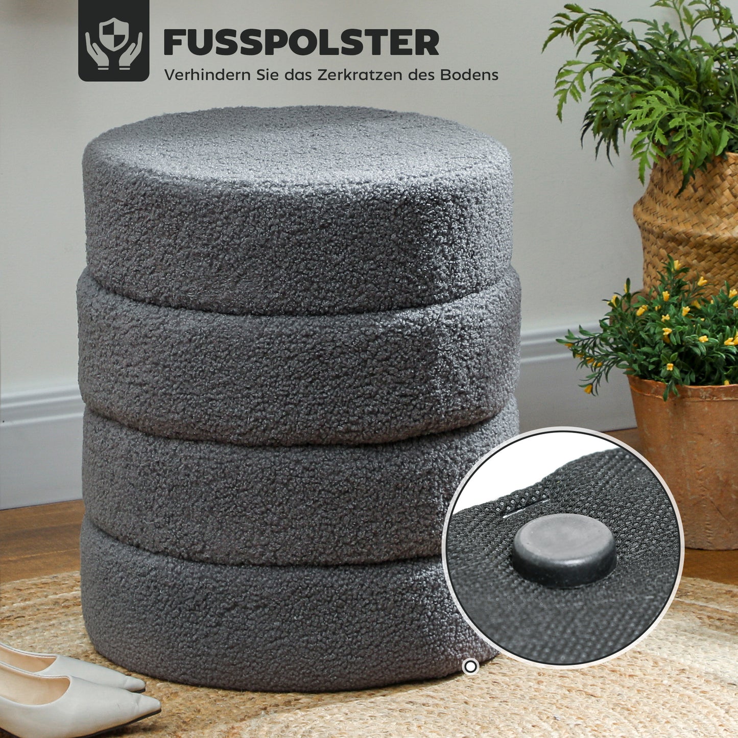 Round Ottoman, Teddy Fleece, Dark Grey, 120kg Capacity