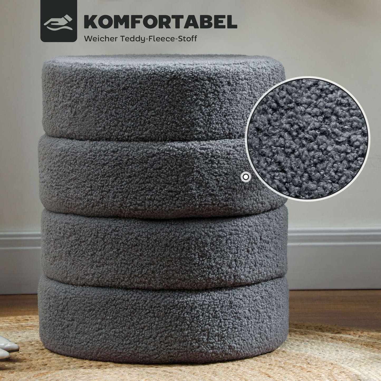 Round Ottoman, Teddy Fleece, Dark Grey, 120kg Capacity