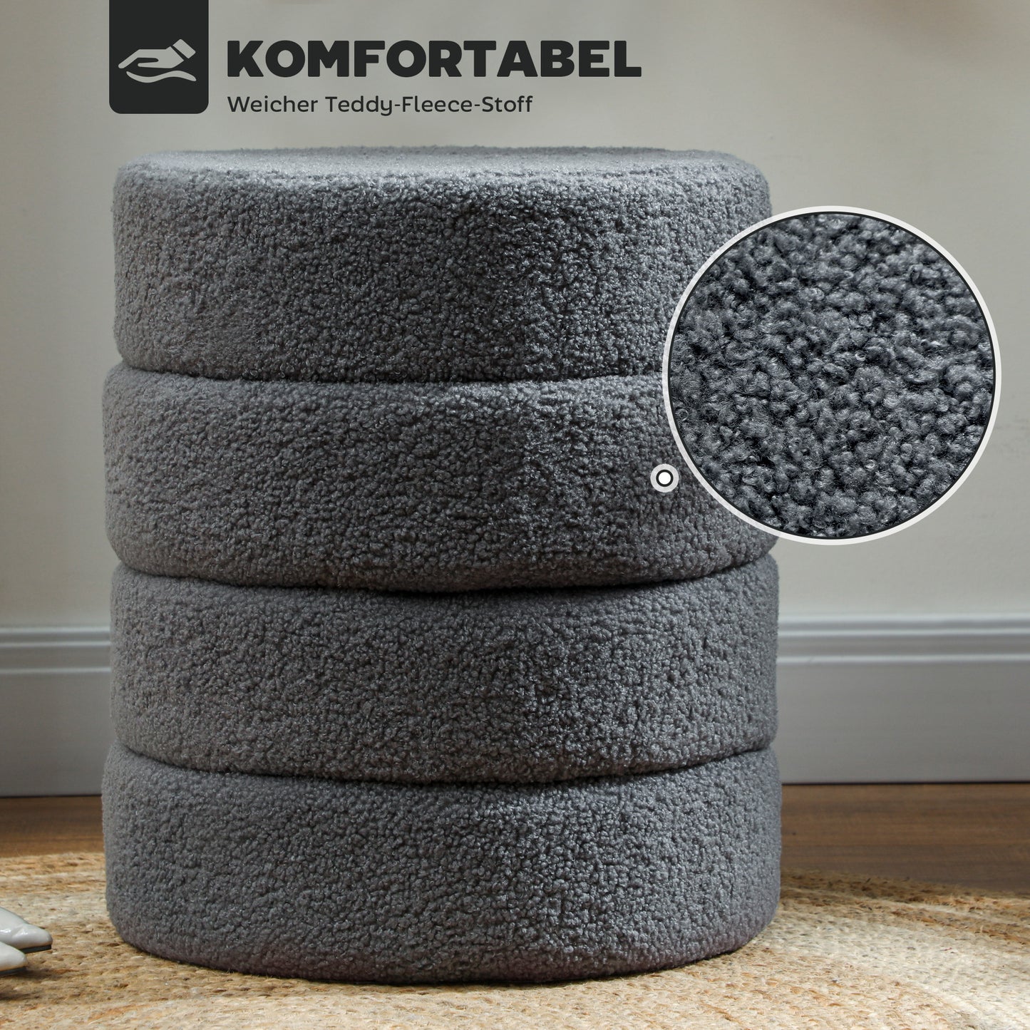 Round Ottoman, Teddy Fleece, Dark Grey, 120kg Capacity