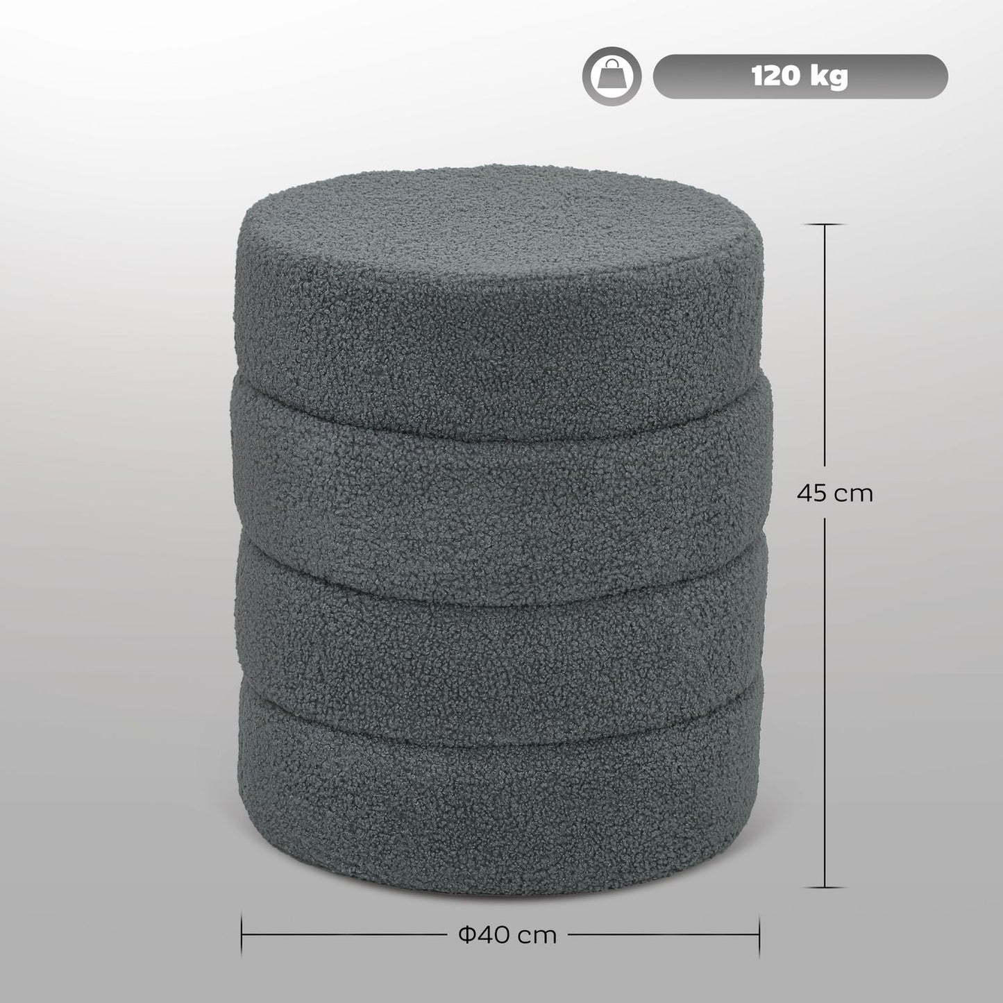 Round Ottoman, Teddy Fleece, Dark Grey, 120kg Capacity