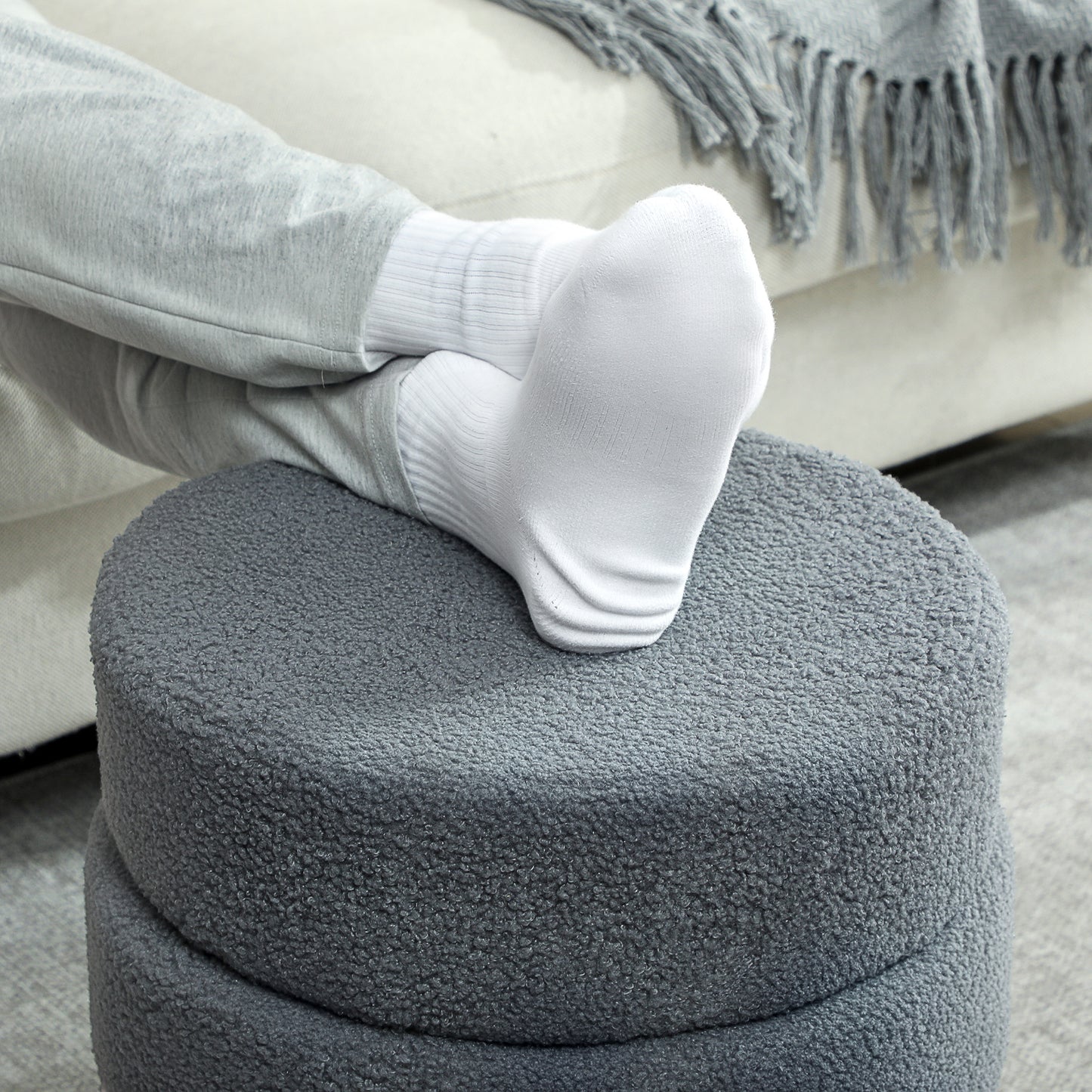 Round Ottoman, Teddy Fleece, Dark Grey, 120kg Capacity