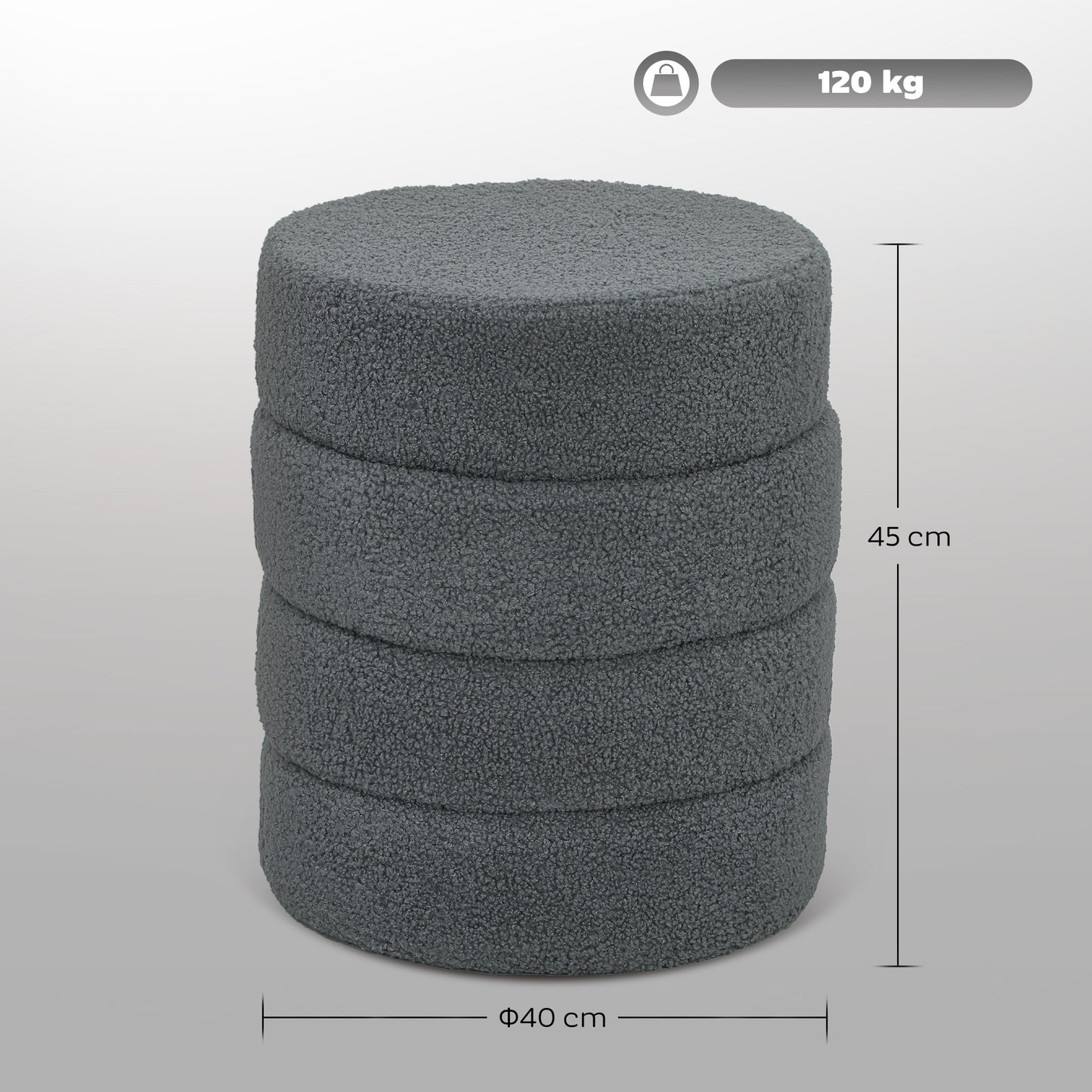 Round Ottoman, Teddy Fleece, Dark Grey, 120kg Capacity