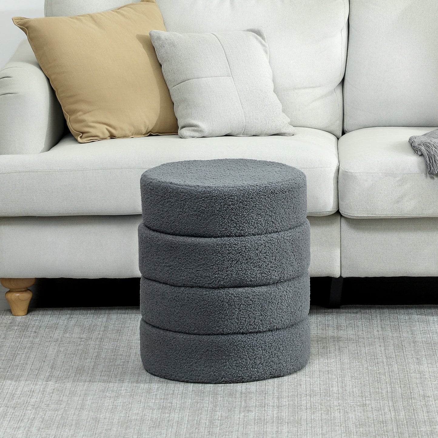 Round Ottoman, Teddy Fleece, Dark Grey, 120kg Capacity