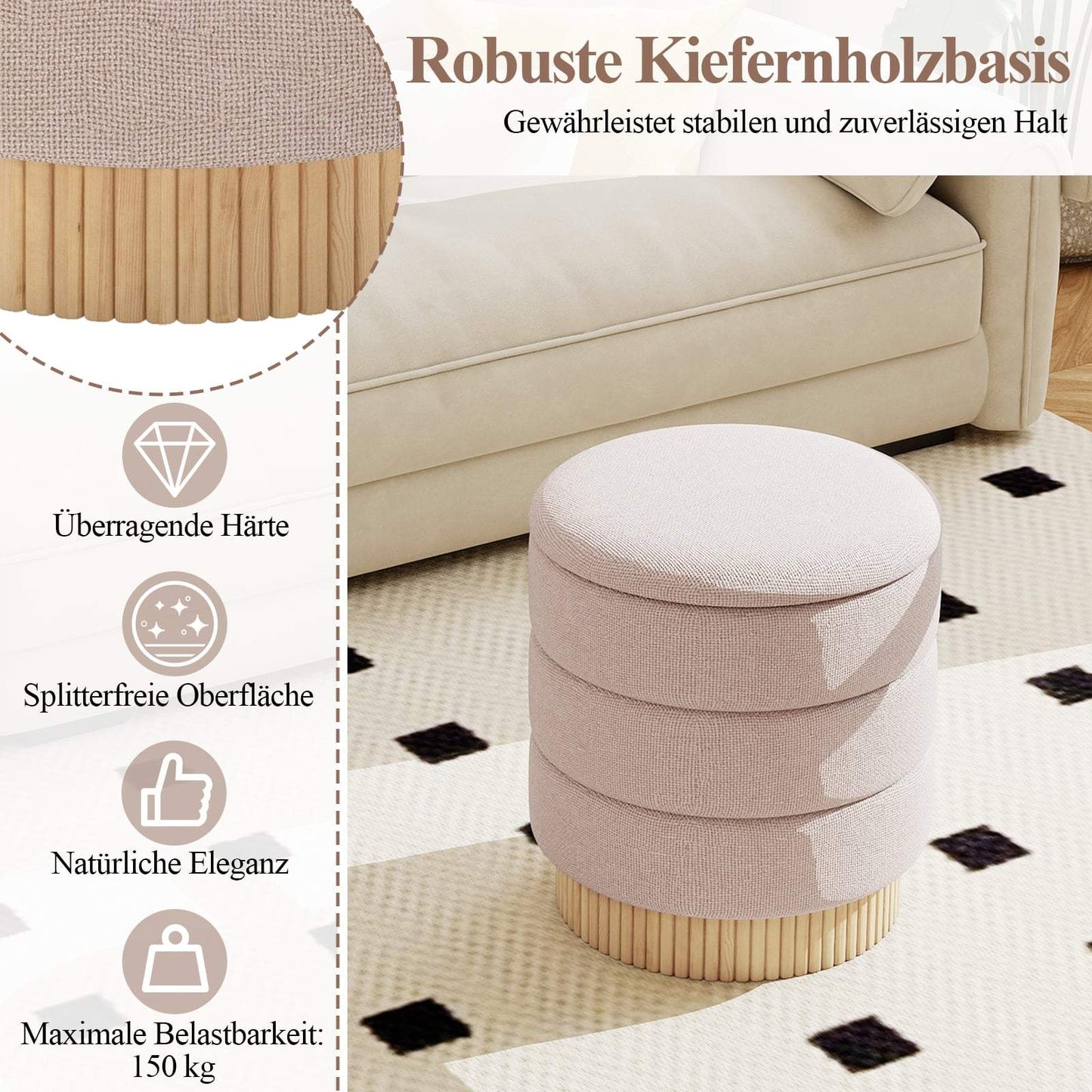 Round Ottoman with Storage, Removable Lid, Beige Chenille