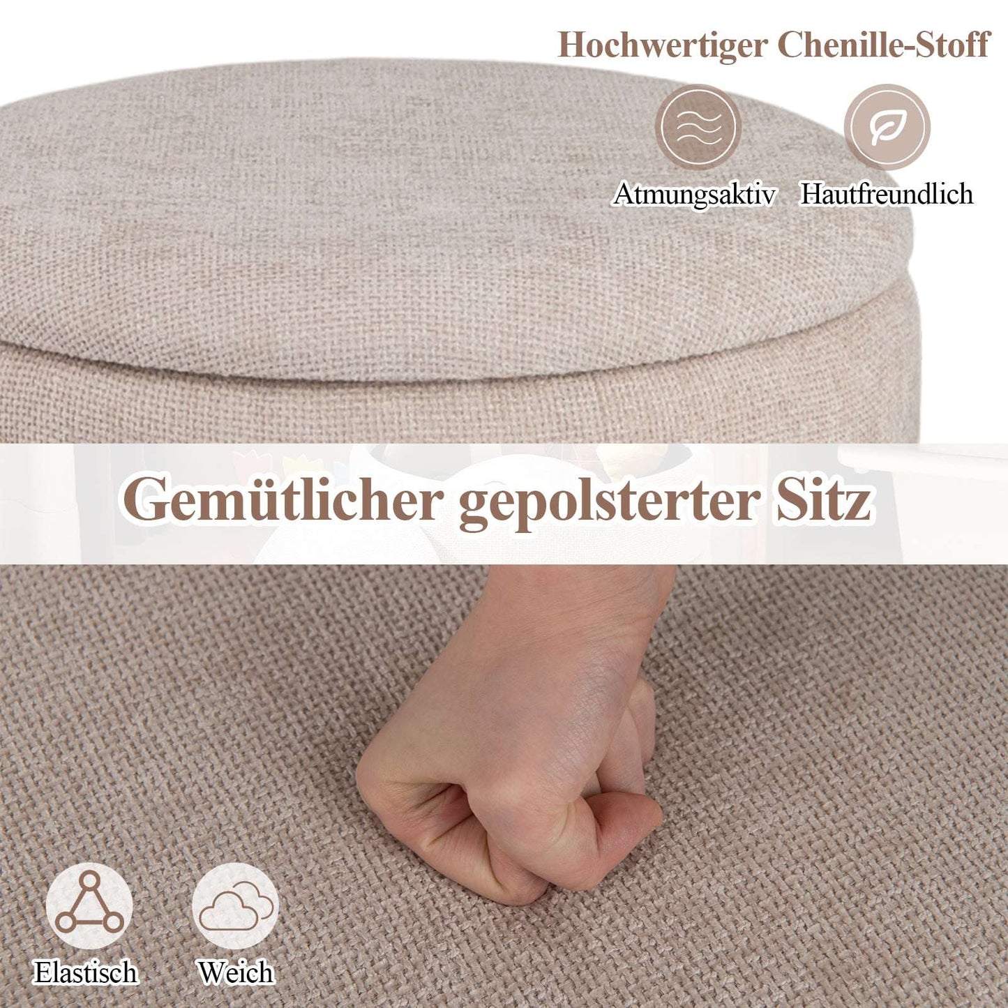 Round Ottoman with Storage, Removable Lid, Beige Chenille