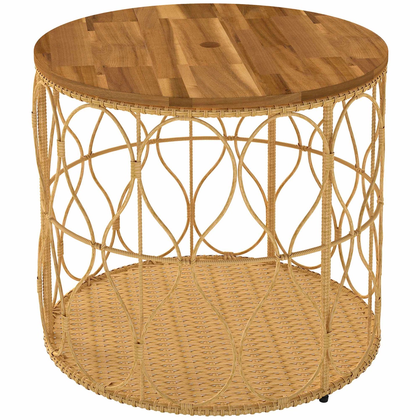 Round Outdoor Side Table, Acacia Wood Top, Rattan Look