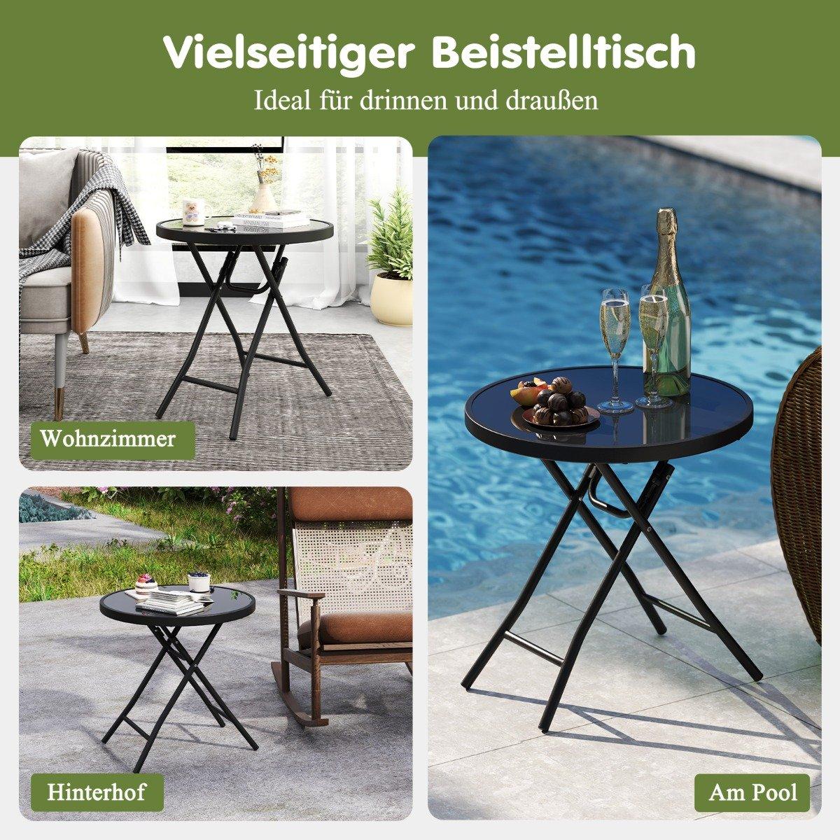 Round Patio Coffee Table with Tempered Glass Top &amp; Metal Frame Folding Side Table Black