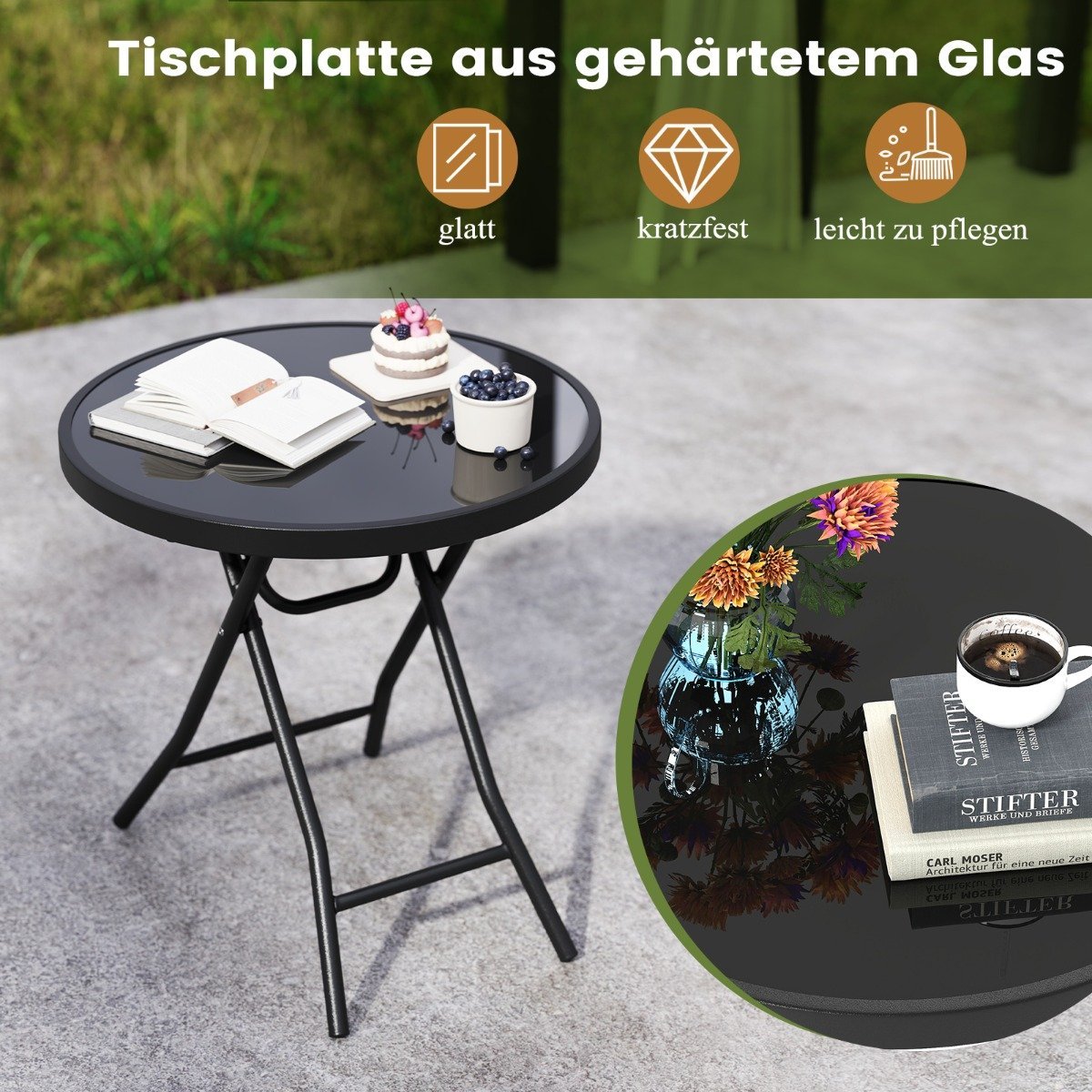 Round Patio Coffee Table with Tempered Glass Top &amp; Metal Frame Folding Side Table Black