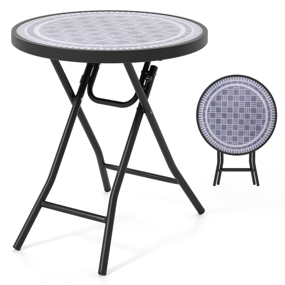 Round Patio Coffee Table with Tempered Glass Top &amp; Metal Frame Folding Side Table Gray