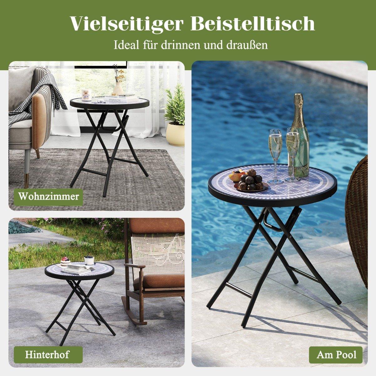 Round Patio Coffee Table with Tempered Glass Top &amp; Metal Frame Folding Side Table Gray