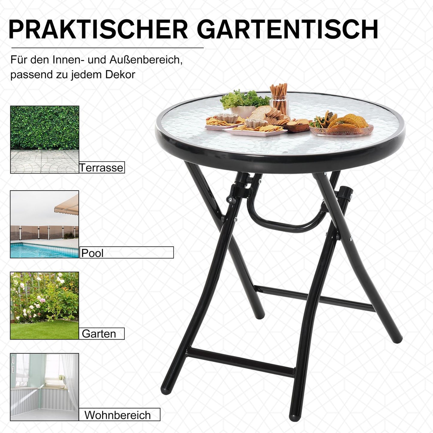Black foldable round side table - Glass top, 45cm