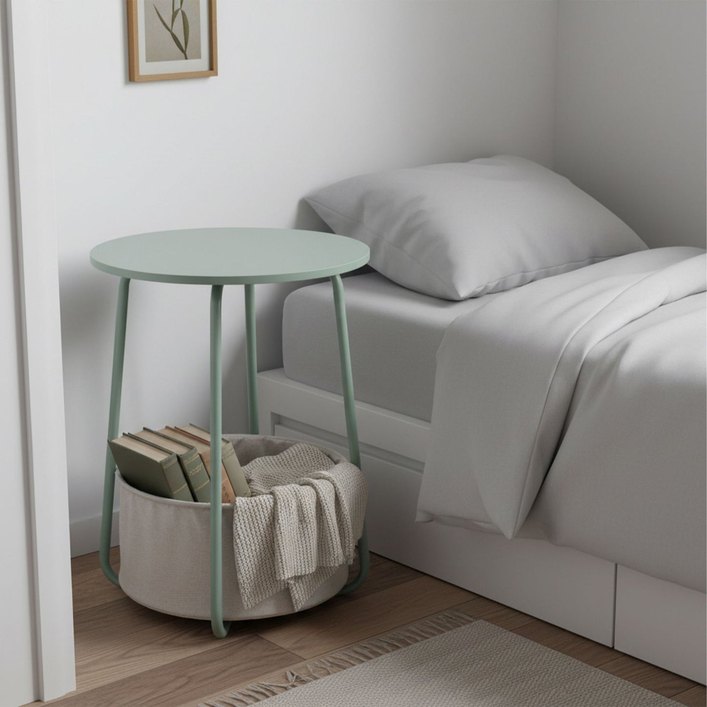 Round Side Table with Fabric Storage Basket