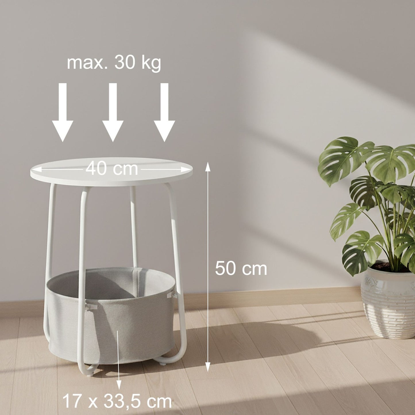Round Side Table with Metal Frame and Fabric Basket