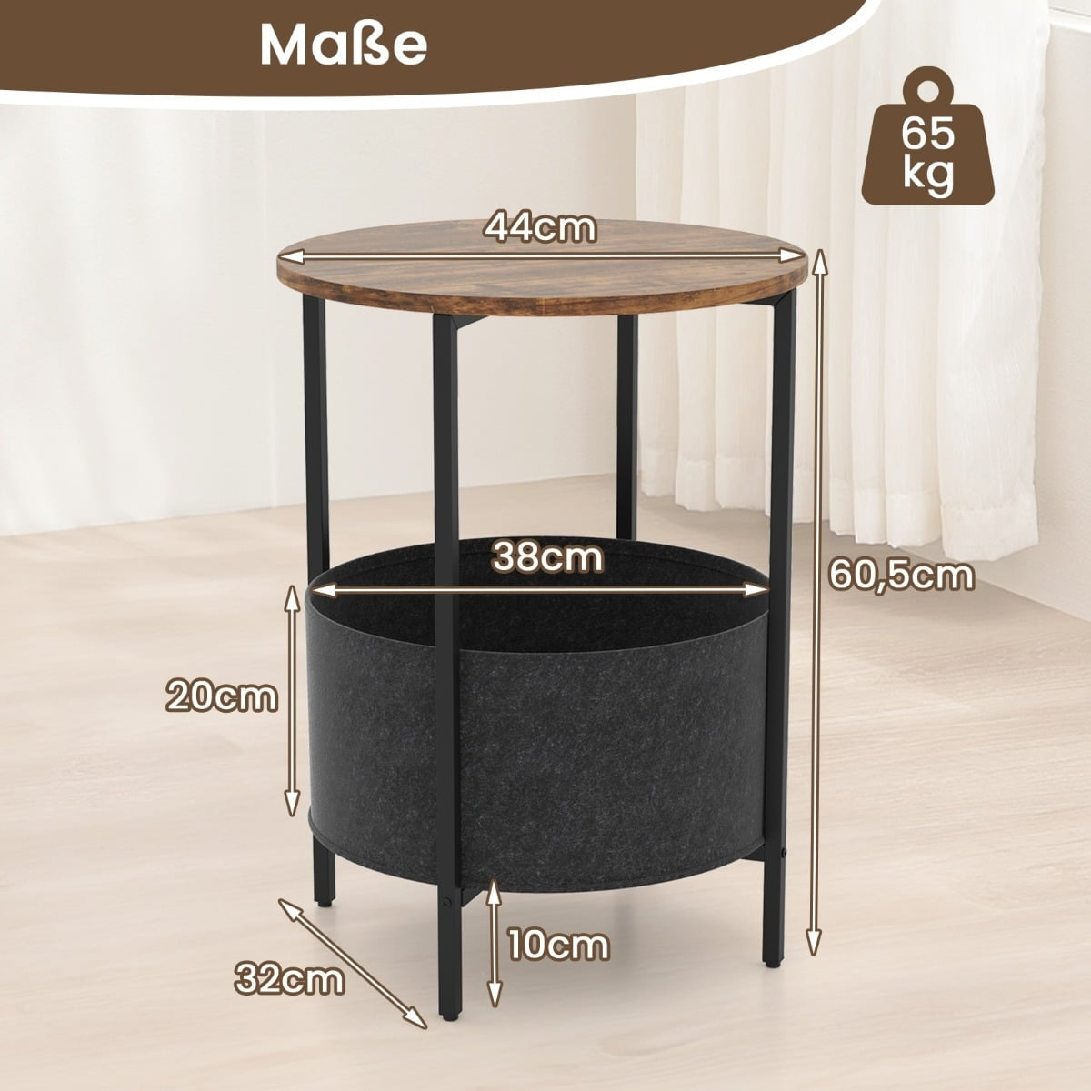 Round Side Table with Removable Felt Basket, 44cm