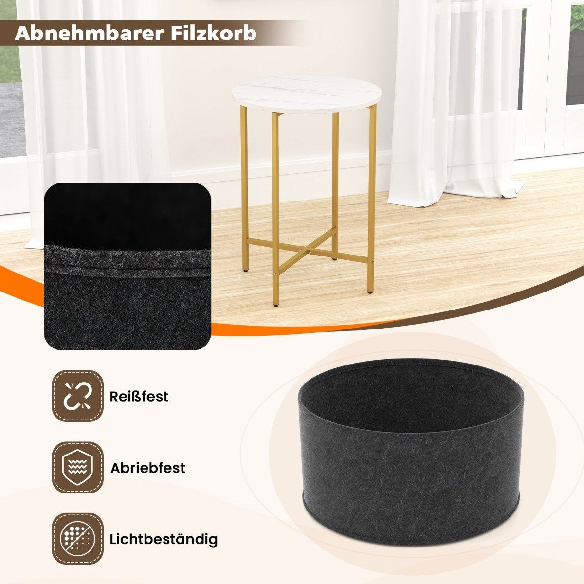 Round Side Table with Removable Felt Basket & Metal Frame
