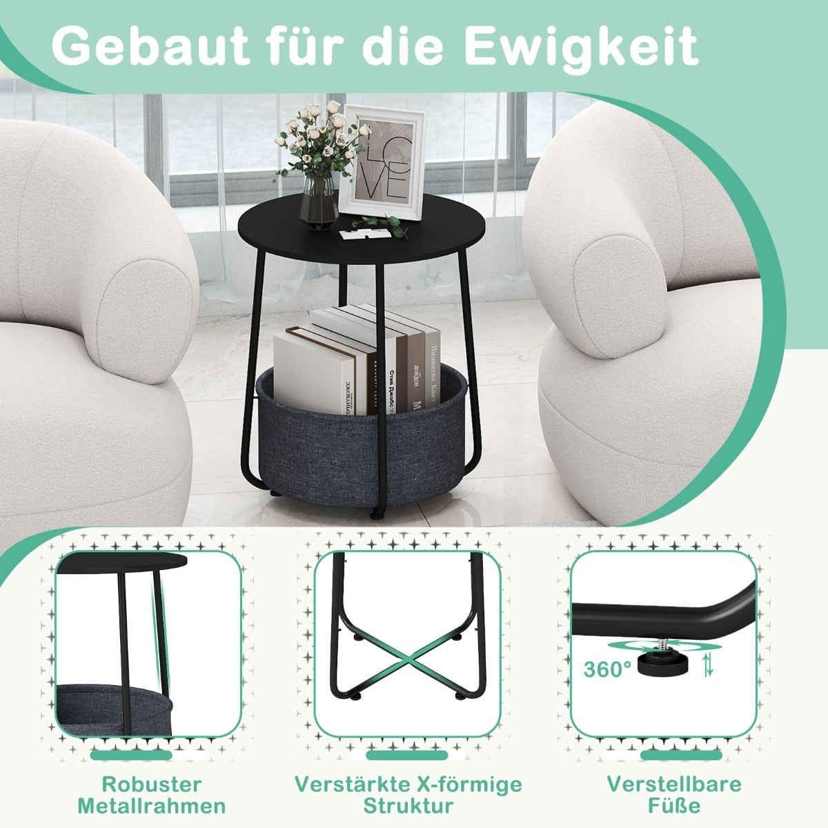 Round Side Table with Storage Basket, Black Metal Frame