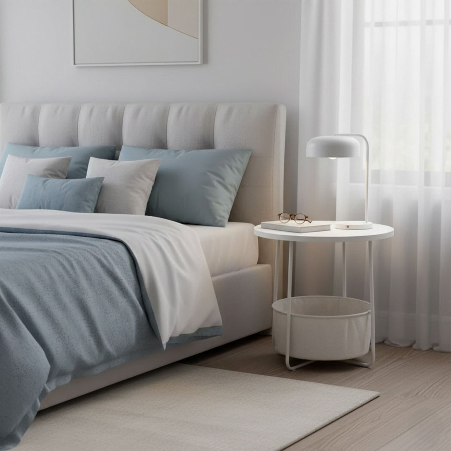 Round Side Table with Storage Basket – Metal Frame