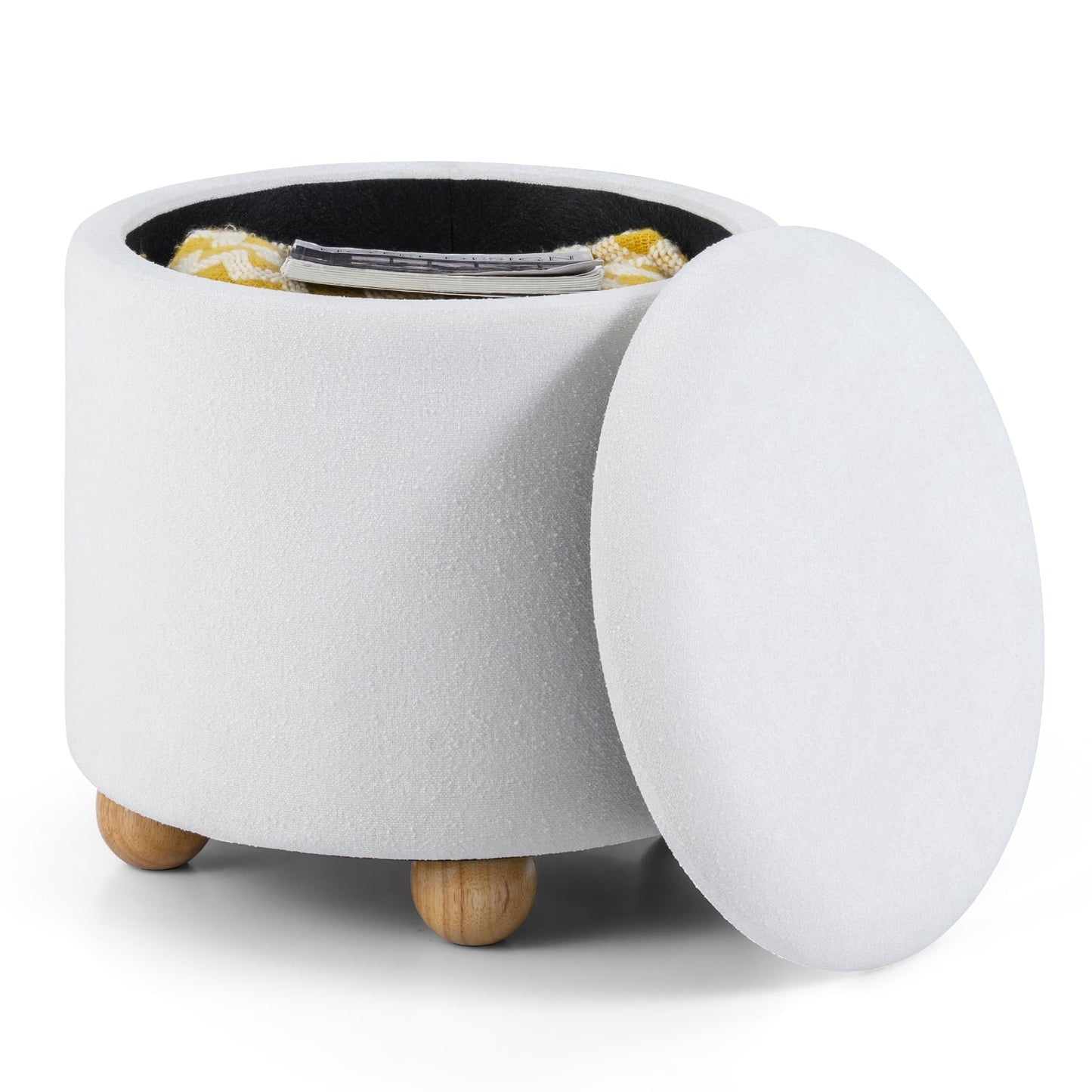 Round Storage Ottoman with Removable Lid, White Chenille