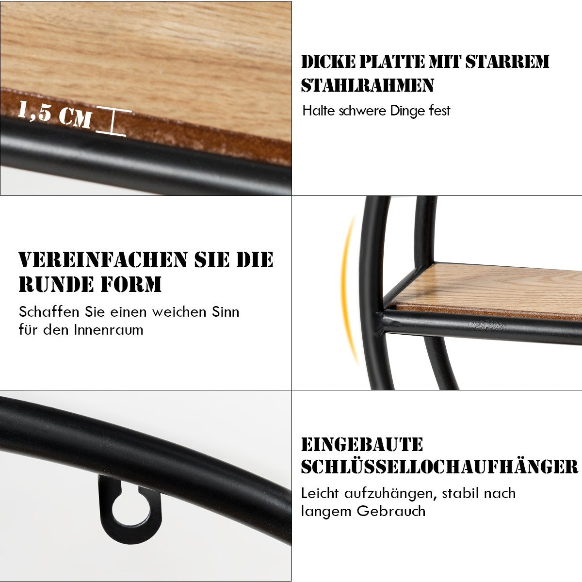Round Wall Shelf with 4 Tiers, 55x55x11cm, Black