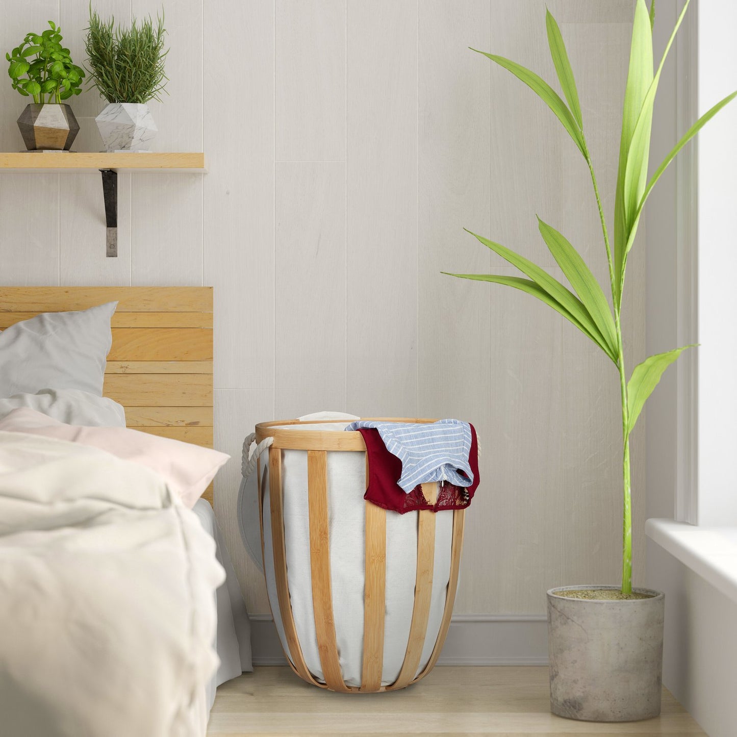 Round bamboo laundry basket