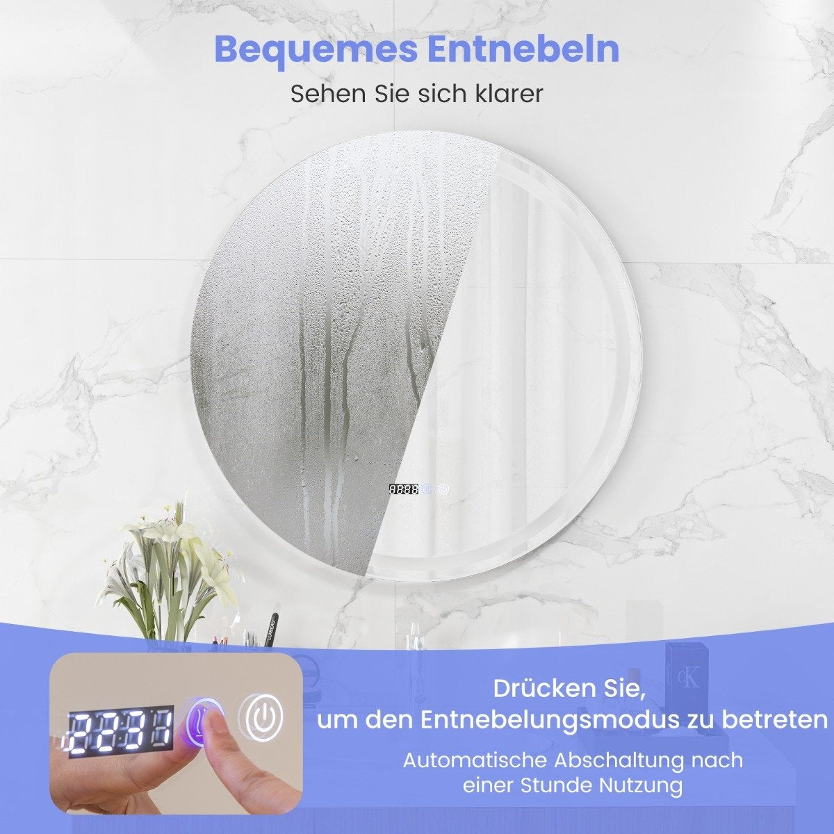 Round bathroom mirror with anti-fog mirror heating and display. Dimmable LED mirror
