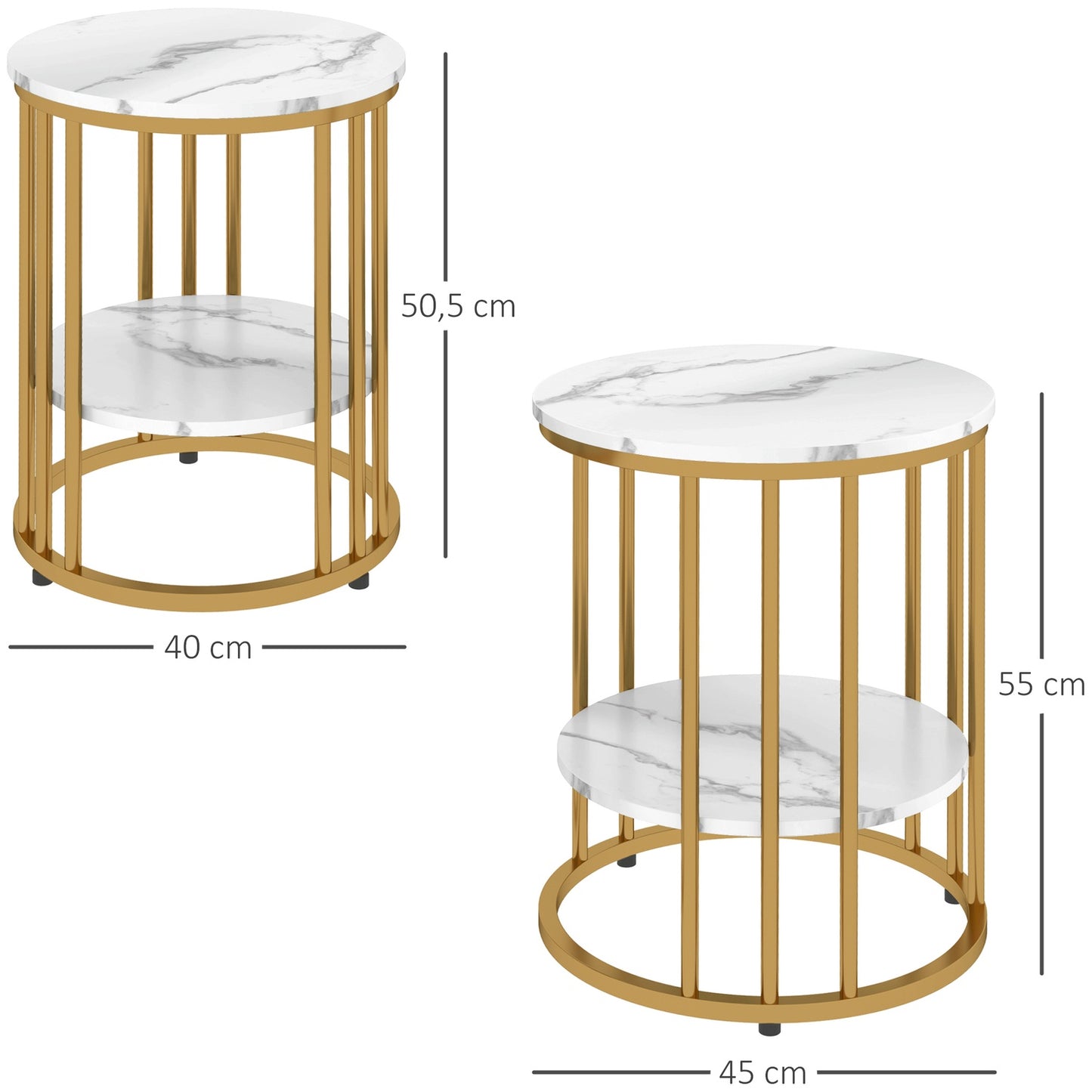 Round coffee table with white marble look with shelf, set of 2
