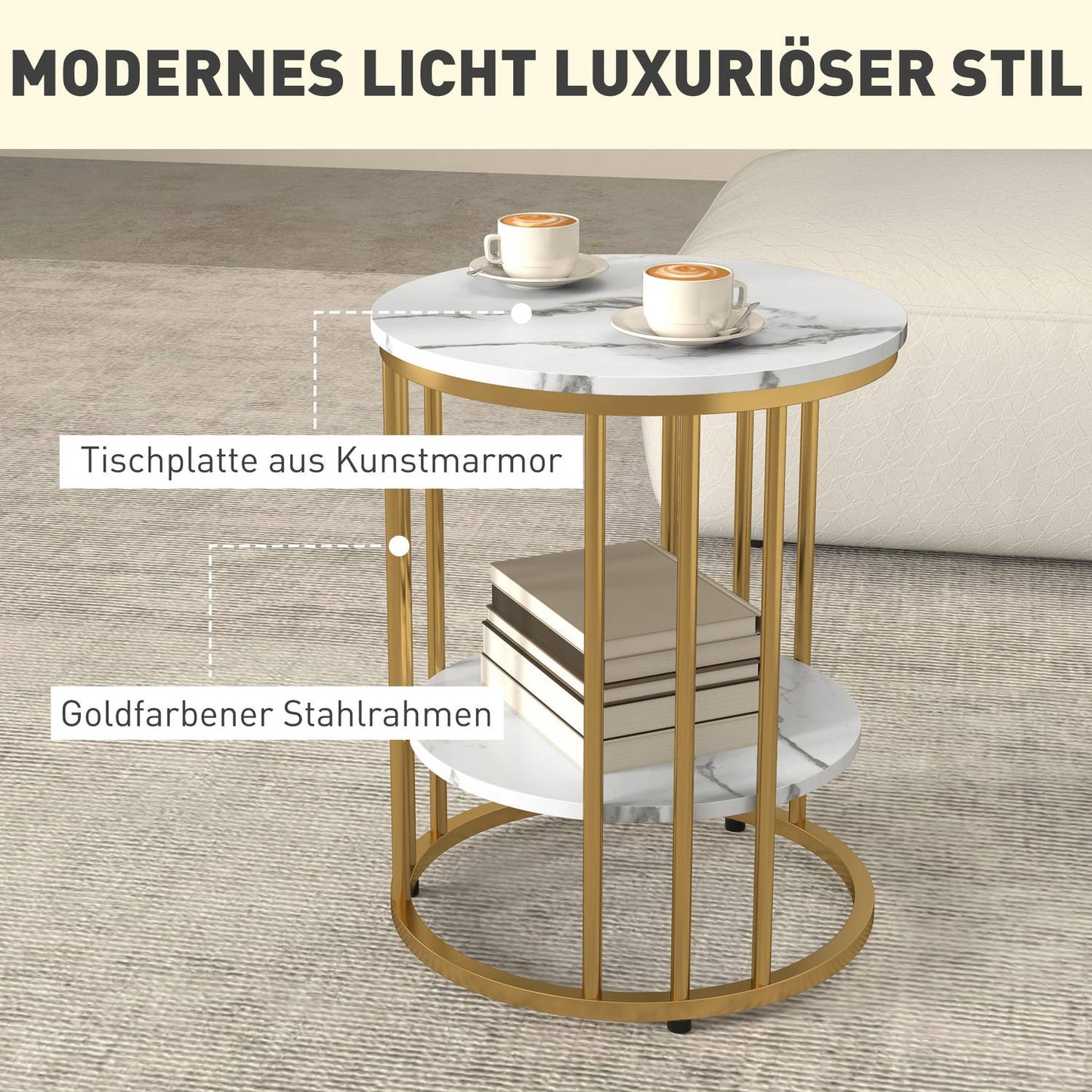 Round coffee table with white marble look with shelf, set of 2