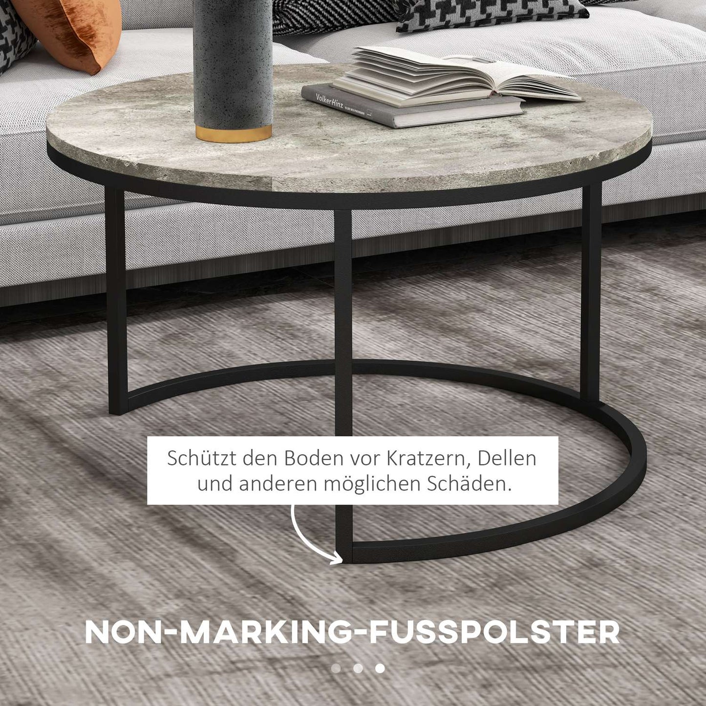 Nesting coffee table set in marble look, round, grey, 2 parts