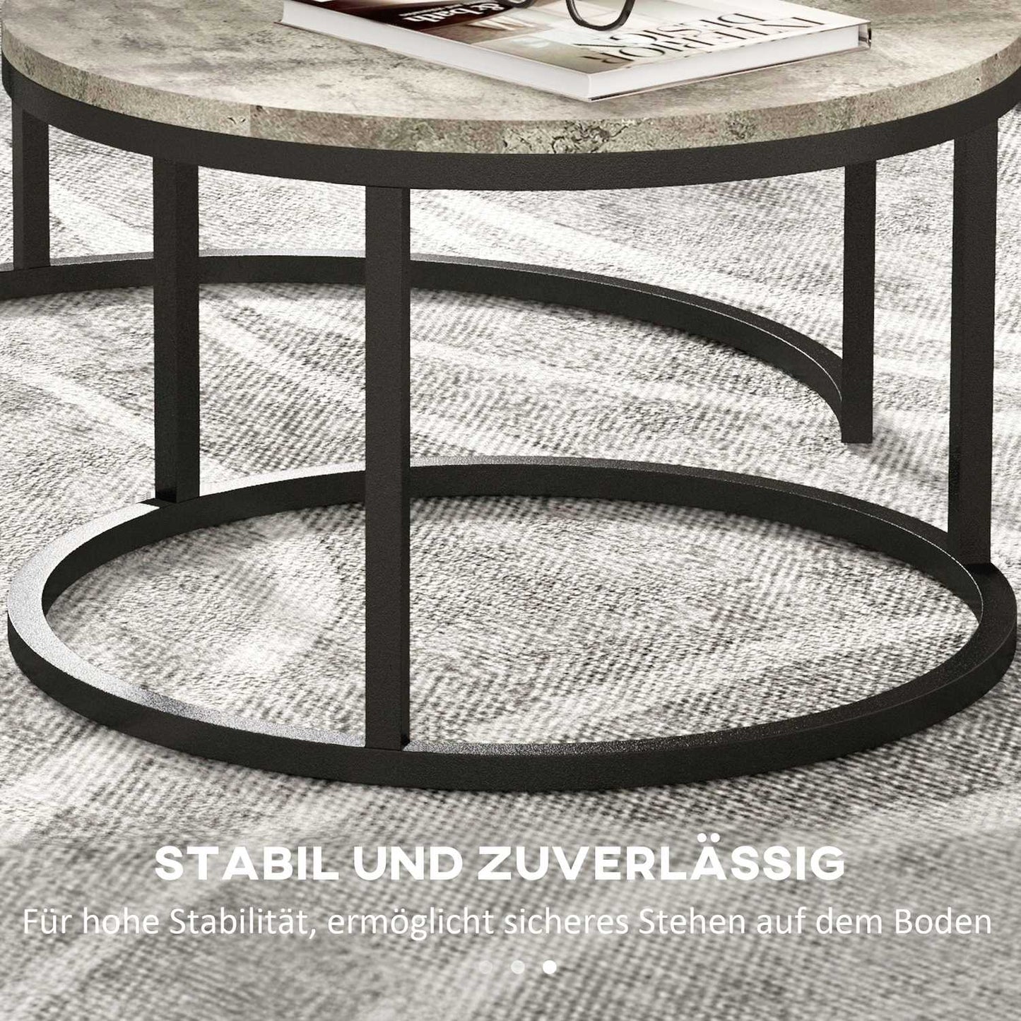Nesting coffee table set in marble look, round, grey, 2 parts