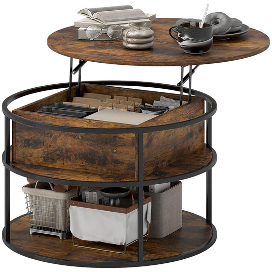 Round Lift-Top Coffee Table with Storage, Brown