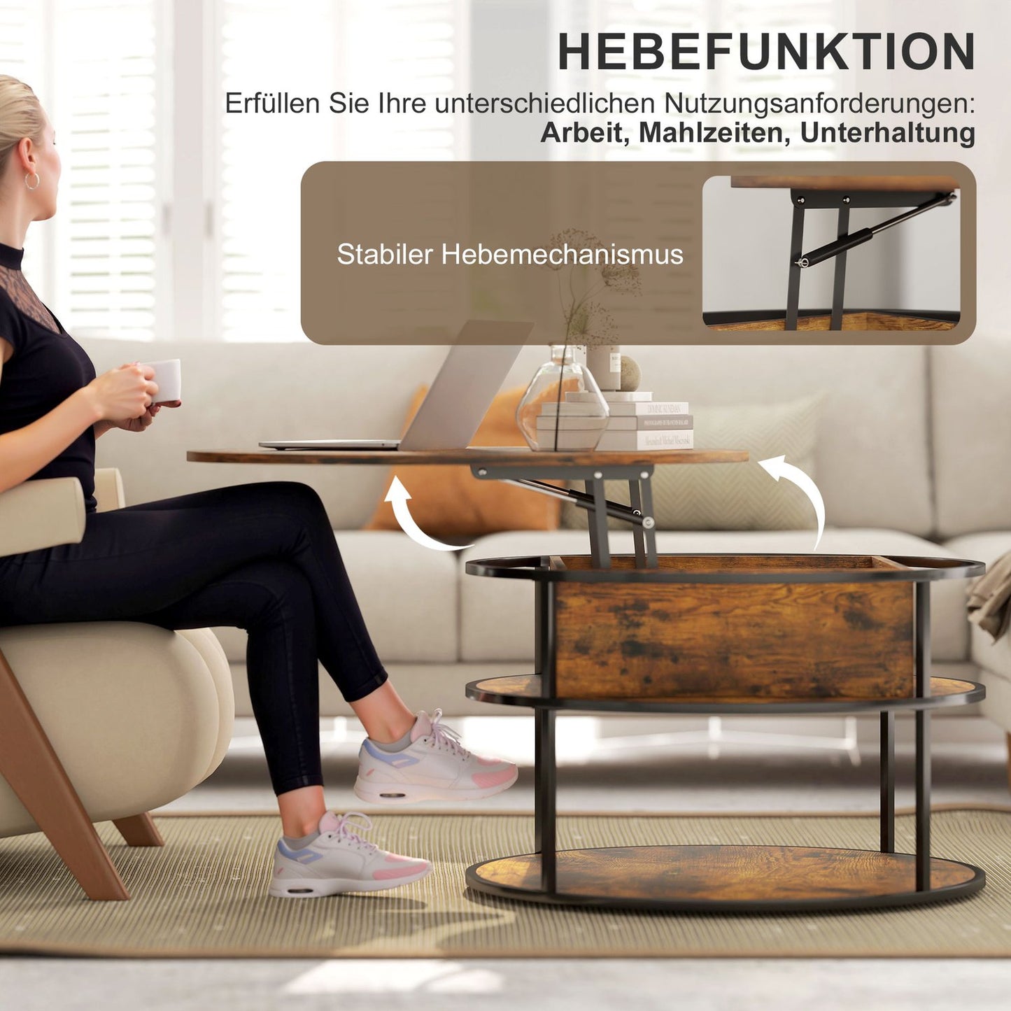 Round Lift-Top Coffee Table with Storage, Brown
