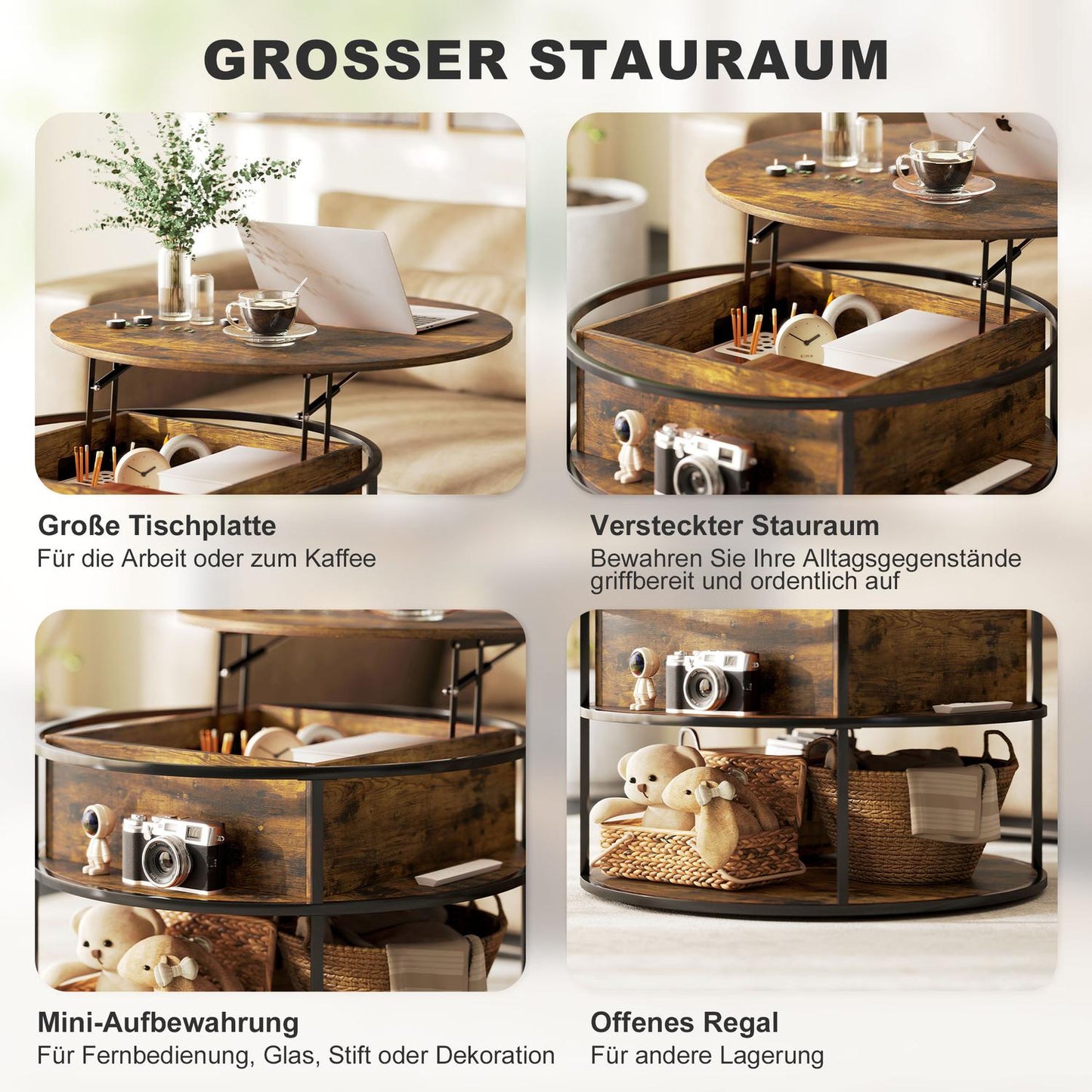 Round Lift-Top Coffee Table with Storage, Brown