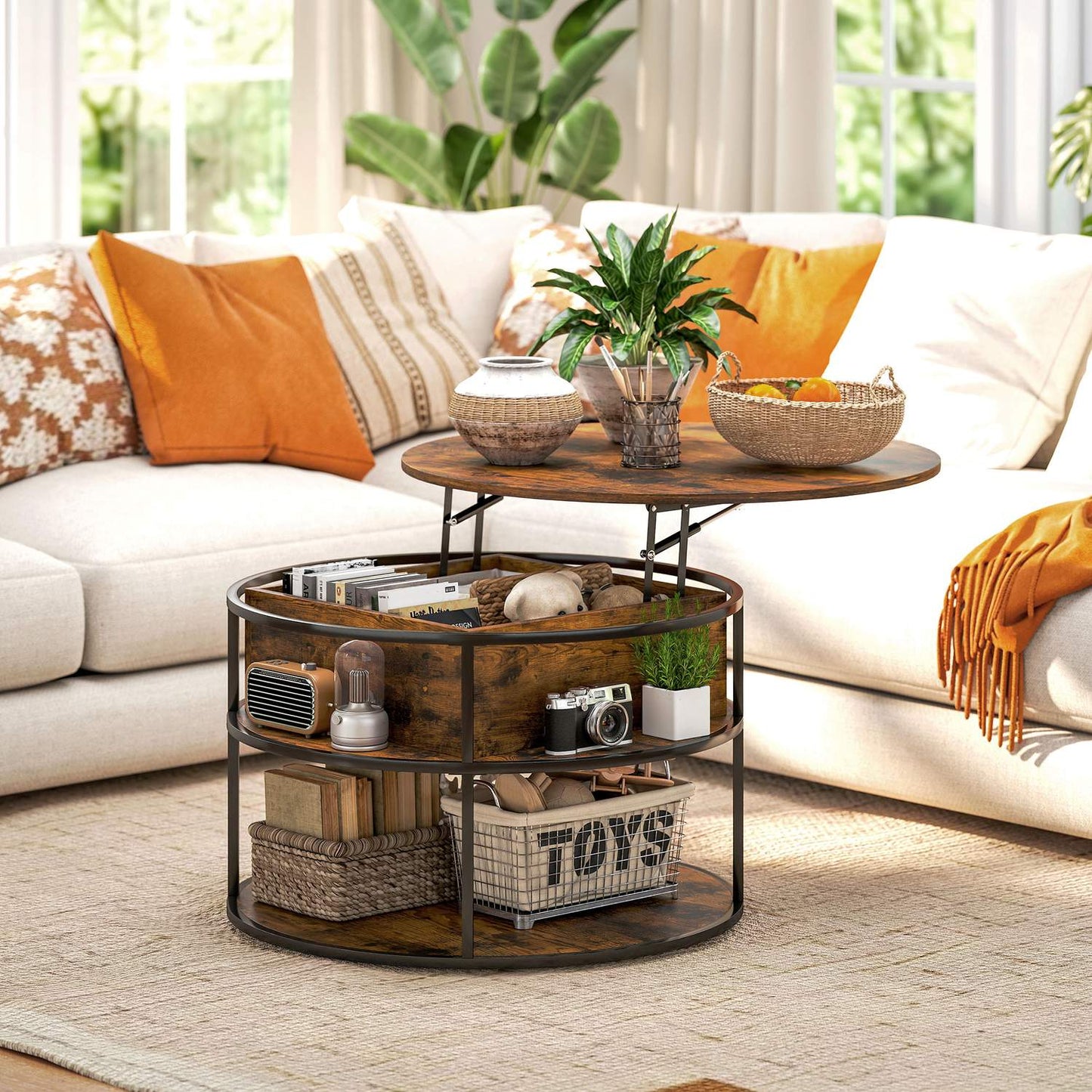 Round Lift-Top Coffee Table with Storage, Brown