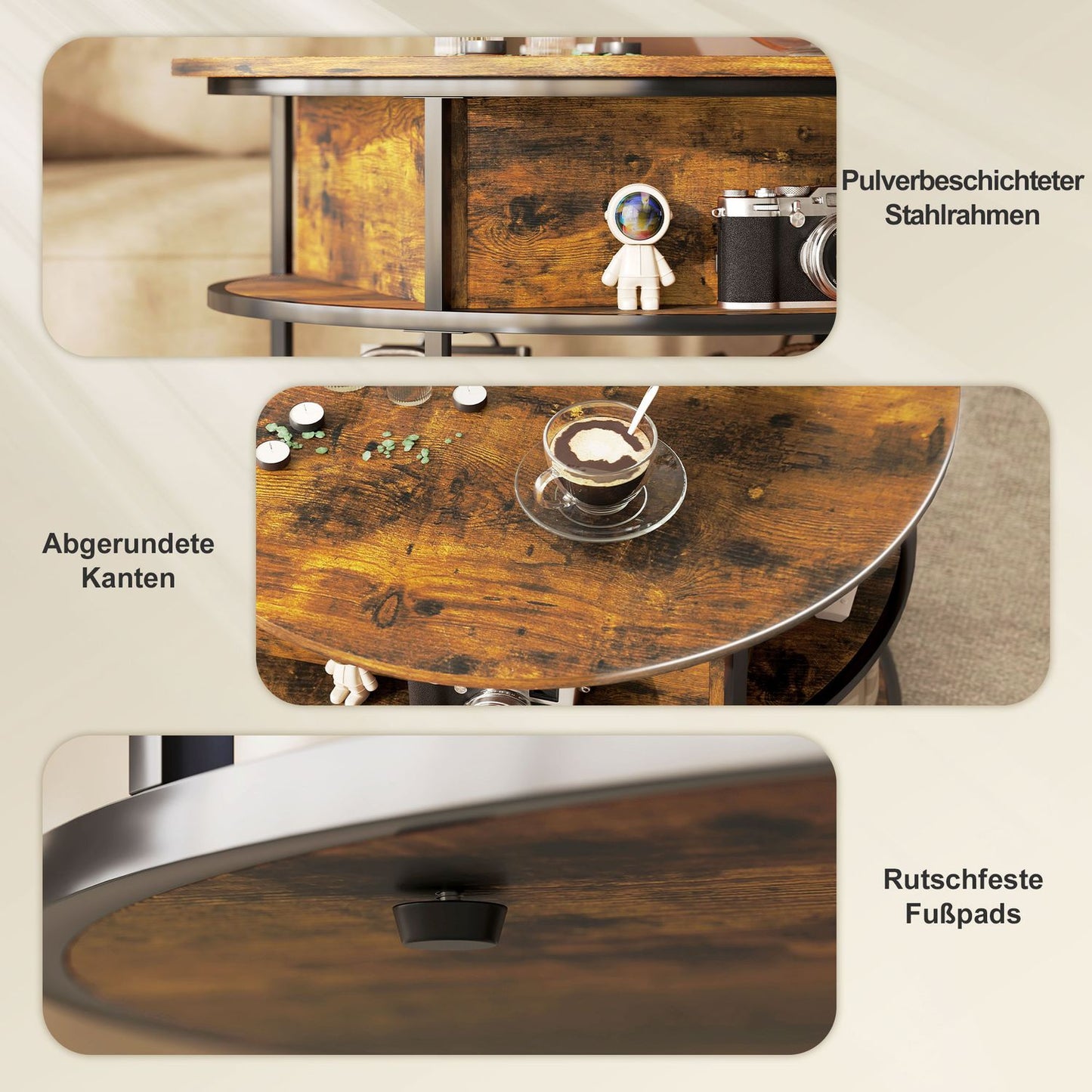 Round Lift-Top Coffee Table with Storage, Brown
