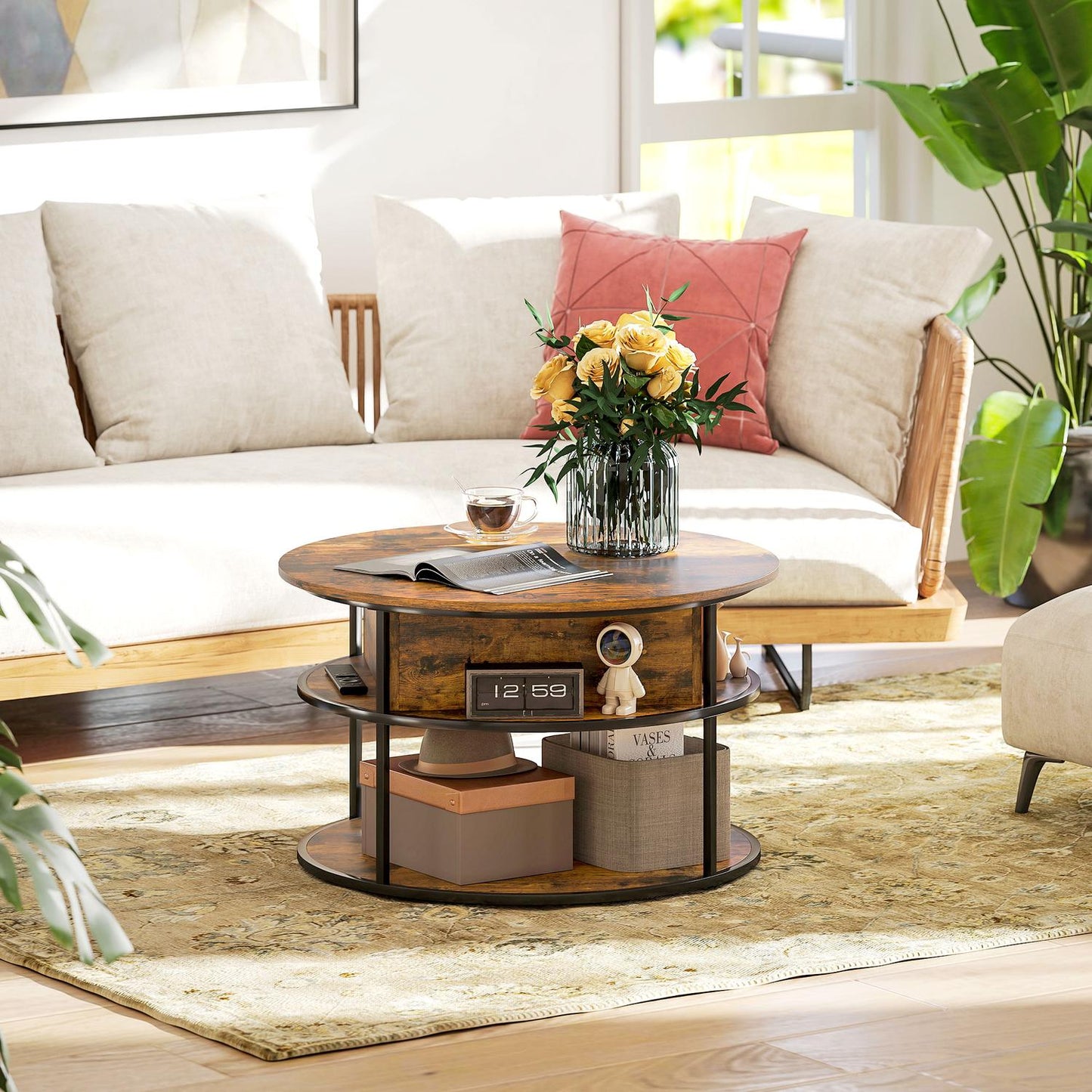 Round Lift-Top Coffee Table with Storage, Brown